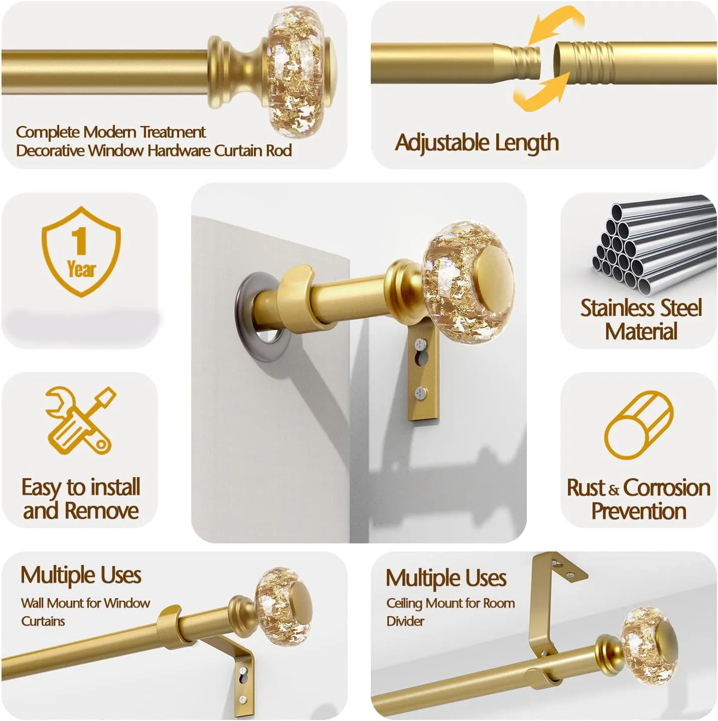 Gold Curtain Rods for Windows 32-72 Inch: 1 Inch Adjustable Acrylic Drapery Rod with Translucent Gold Foil Finials- Single Decorative Curtain Rod for Bedroom & Bathroom