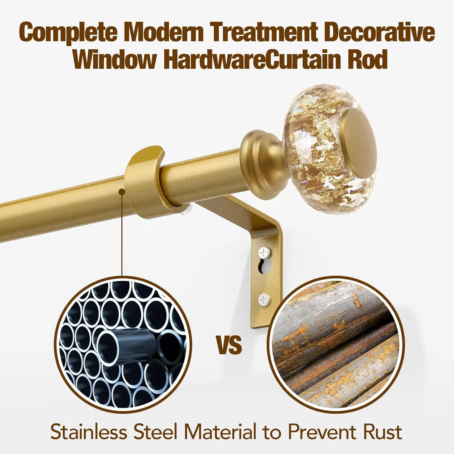 Gold Curtain Rods for Windows 32-72 Inch: 1 Inch Adjustable Acrylic Drapery Rod with Translucent Gold Foil Finials- Single Decorative Curtain Rod for Bedroom & Bathroom
