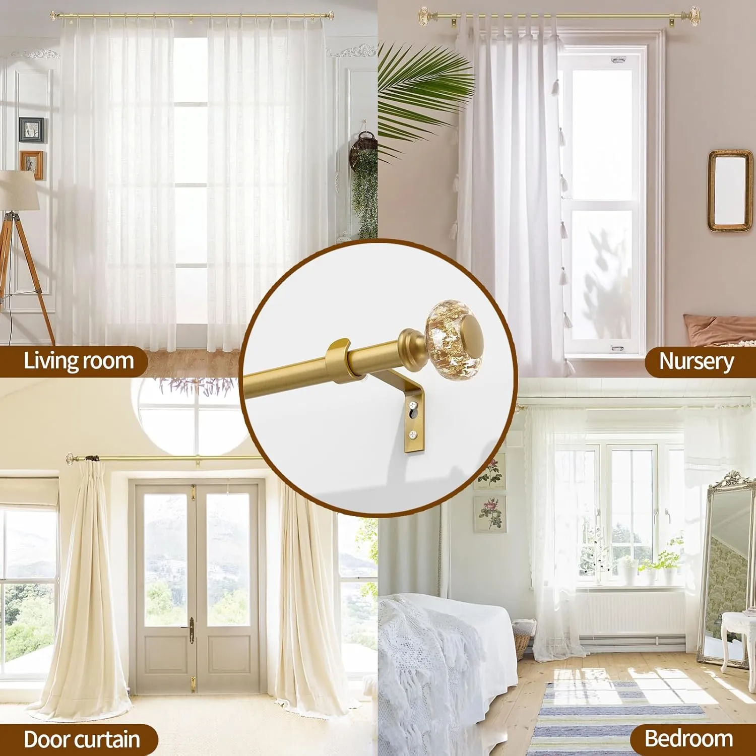 Gold Curtain Rods for Windows 32-72 Inch: 1 Inch Adjustable Acrylic Drapery Rod with Translucent Gold Foil Finials- Single Decorative Curtain Rod for Bedroom & Bathroom