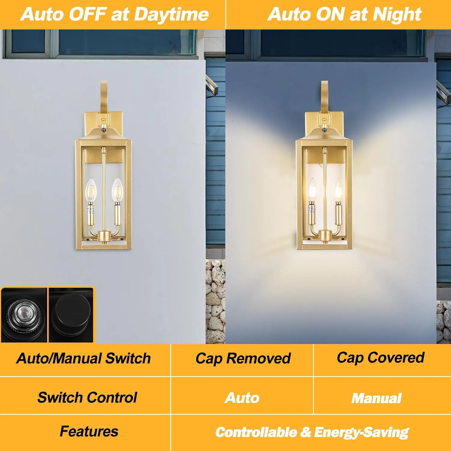 Gold Dusk to Dawn Outdoor Wall Lantern 2-Light, 19" Large Modern Wall Sconce Light Fixture, Industrial Porch Light, Waterproof Farmhouse Exterior Lamp Lighting