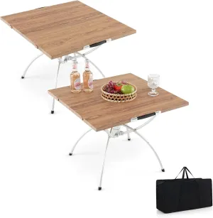 Goplus Aluminum Camping Table, 2 PCS Folding Picnic Tables w/Extendable Design, Wood-Grain Tabletop, Carrying Bag, Non-Slip Foot Pads, Portable Beach Table for Camp, Hiking, BBQ, Party