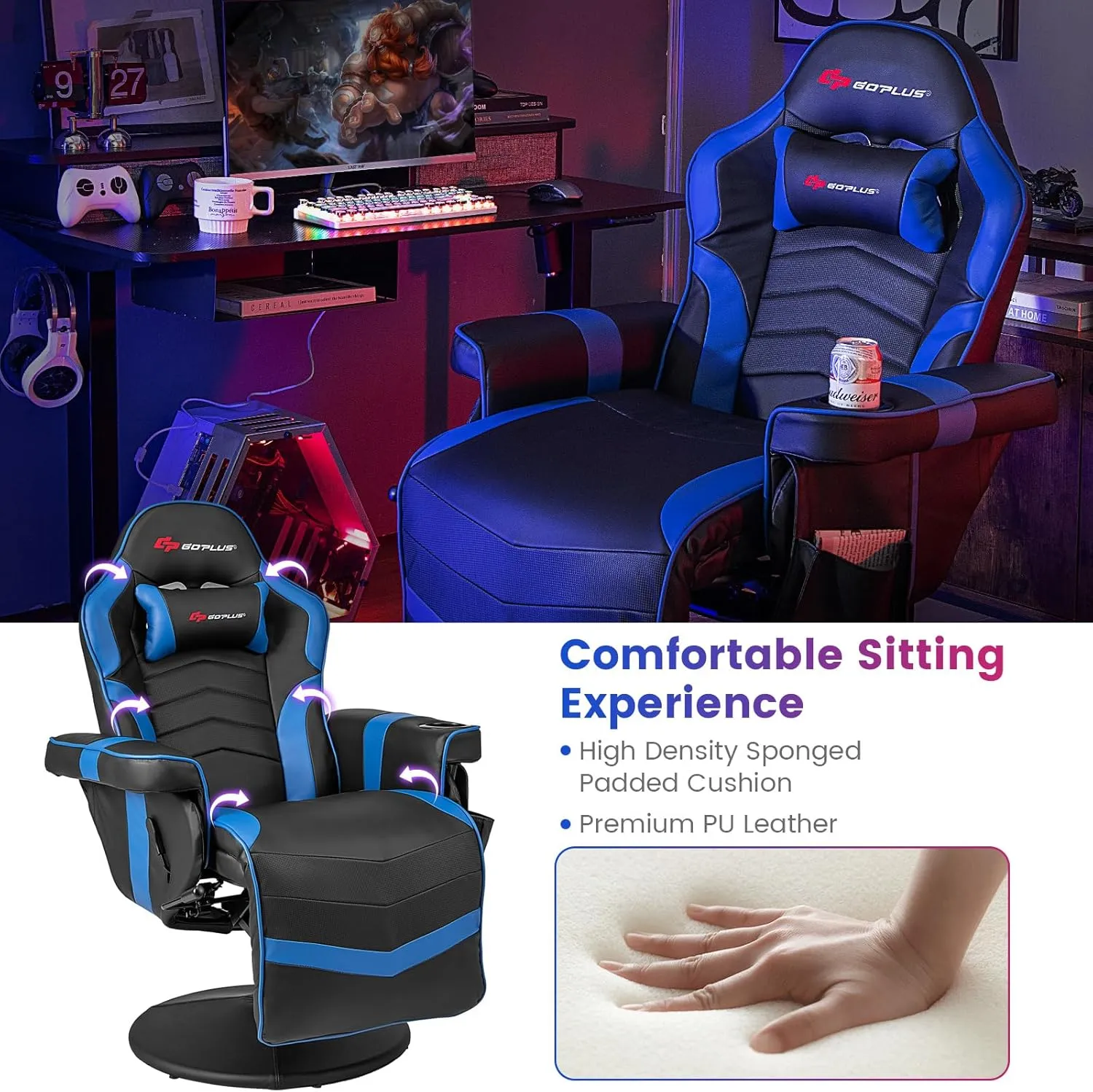 Goplus Gaming Chair, Height Adjustable Massage Video Game Chair with Retractable Footrest, Cup Holder, Headrest, Swivel Office Chair, Racing Style Swivel Gamer Chair (Blue)