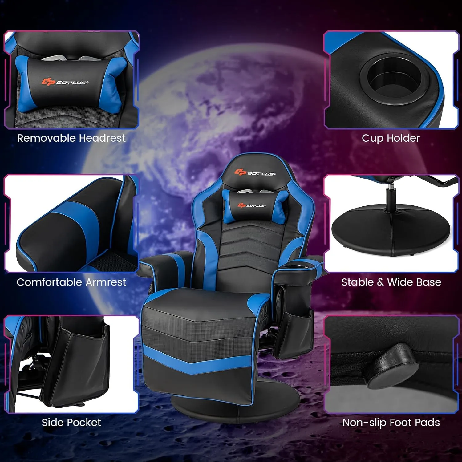 Goplus Gaming Chair, Height Adjustable Massage Video Game Chair with Retractable Footrest, Cup Holder, Headrest, Swivel Office Chair, Racing Style Swivel Gamer Chair (Blue)
