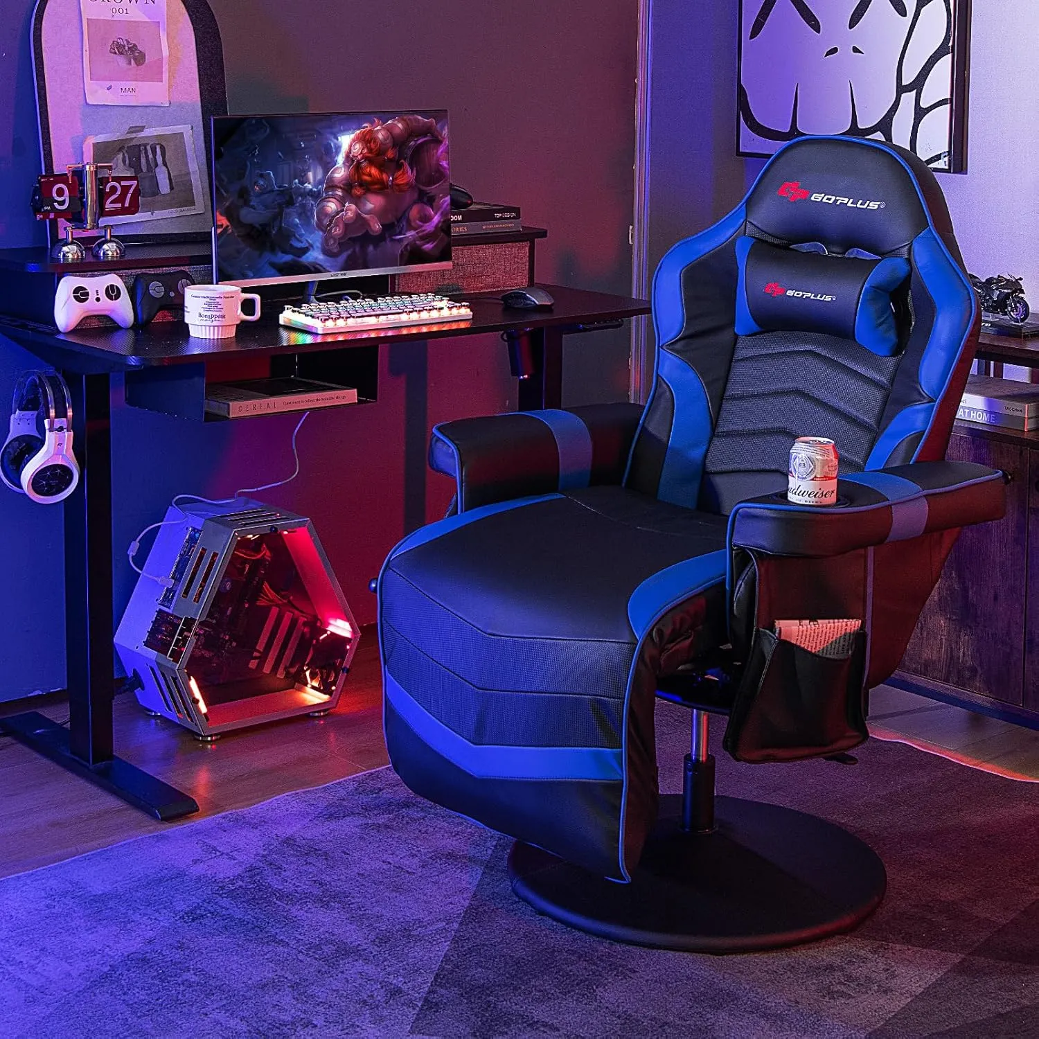 Goplus Gaming Chair, Height Adjustable Massage Video Game Chair with Retractable Footrest, Cup Holder, Headrest, Swivel Office Chair, Racing Style Swivel Gamer Chair (Blue)