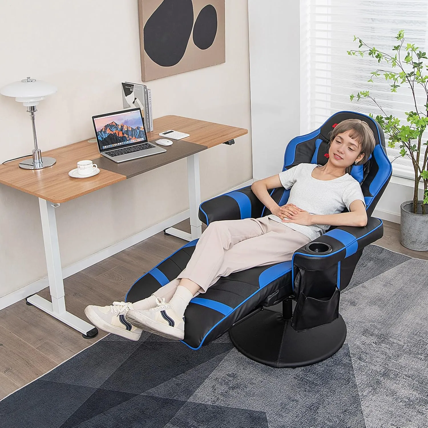 Goplus Gaming Chair, Height Adjustable Massage Video Game Chair with Retractable Footrest, Cup Holder, Headrest, Swivel Office Chair, Racing Style Swivel Gamer Chair (Blue)