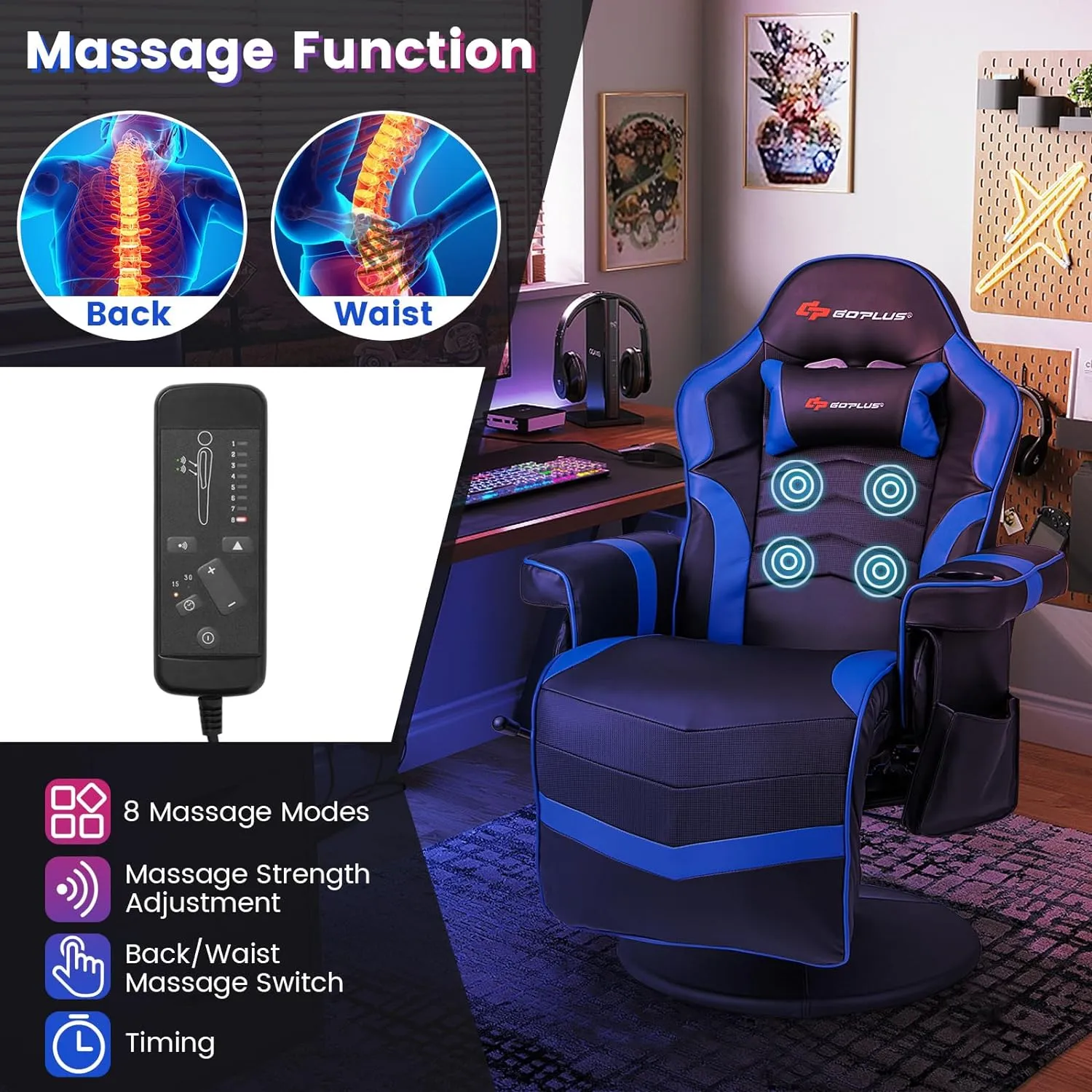 Goplus Gaming Chair, Height Adjustable Massage Video Game Chair with Retractable Footrest, Cup Holder, Headrest, Swivel Office Chair, Racing Style Swivel Gamer Chair (Blue)