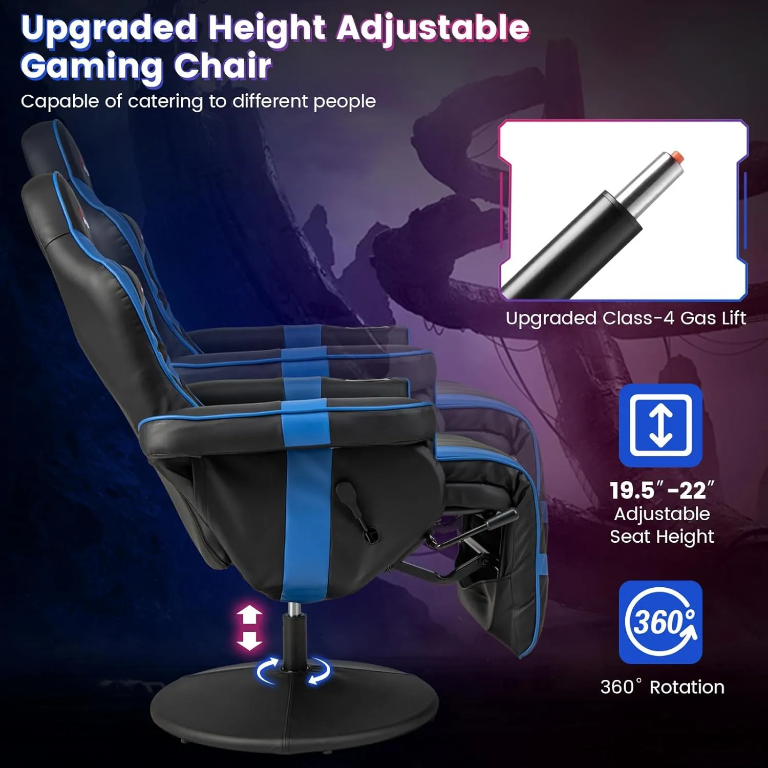 Goplus Gaming Chair, Height Adjustable Massage Video Game Chair with Retractable Footrest, Cup Holder, Headrest, Swivel Office Chair, Racing Style Swivel Gamer Chair (Blue)