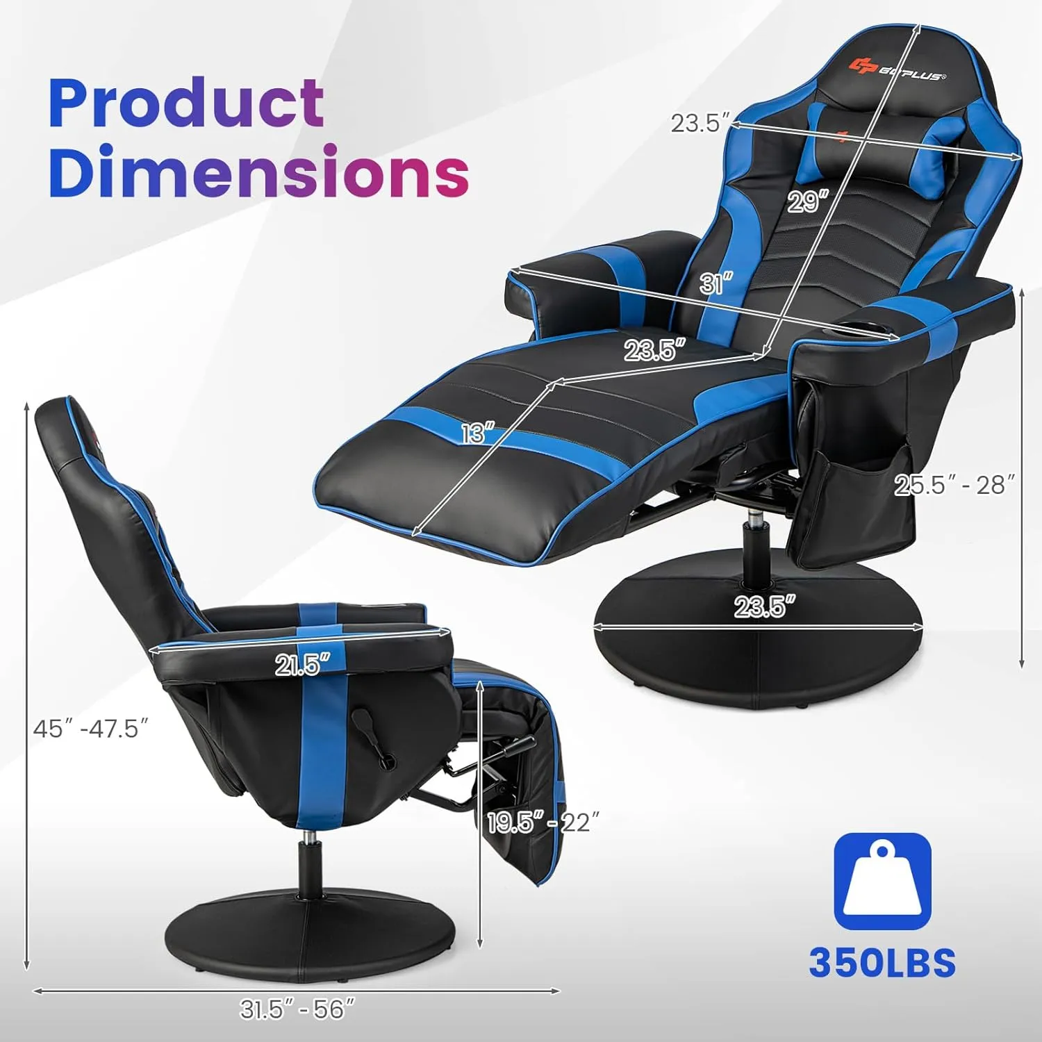 Goplus Gaming Chair, Height Adjustable Massage Video Game Chair with Retractable Footrest, Cup Holder, Headrest, Swivel Office Chair, Racing Style Swivel Gamer Chair (Blue)