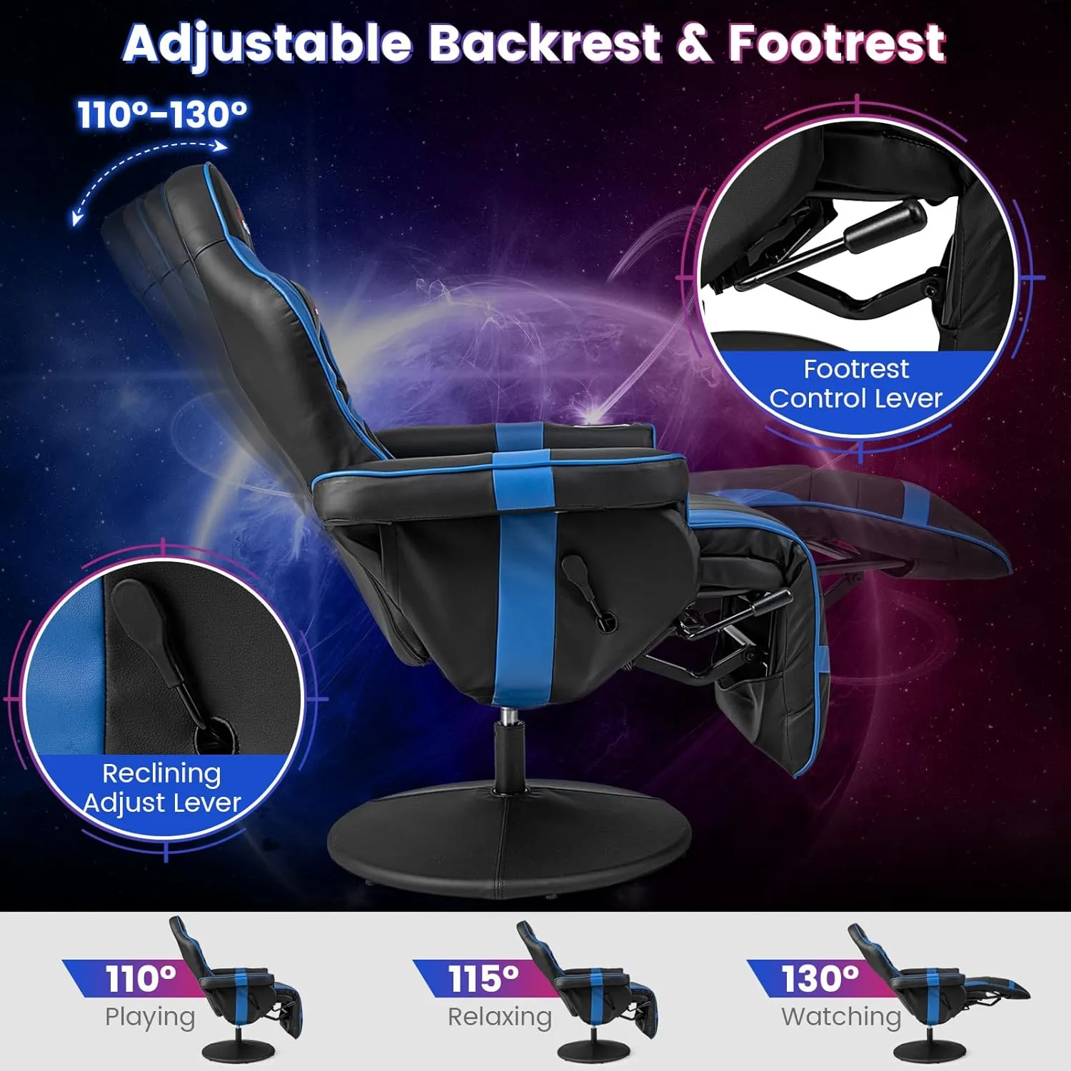 Goplus Gaming Chair, Height Adjustable Massage Video Game Chair with Retractable Footrest, Cup Holder, Headrest, Swivel Office Chair, Racing Style Swivel Gamer Chair (Blue)