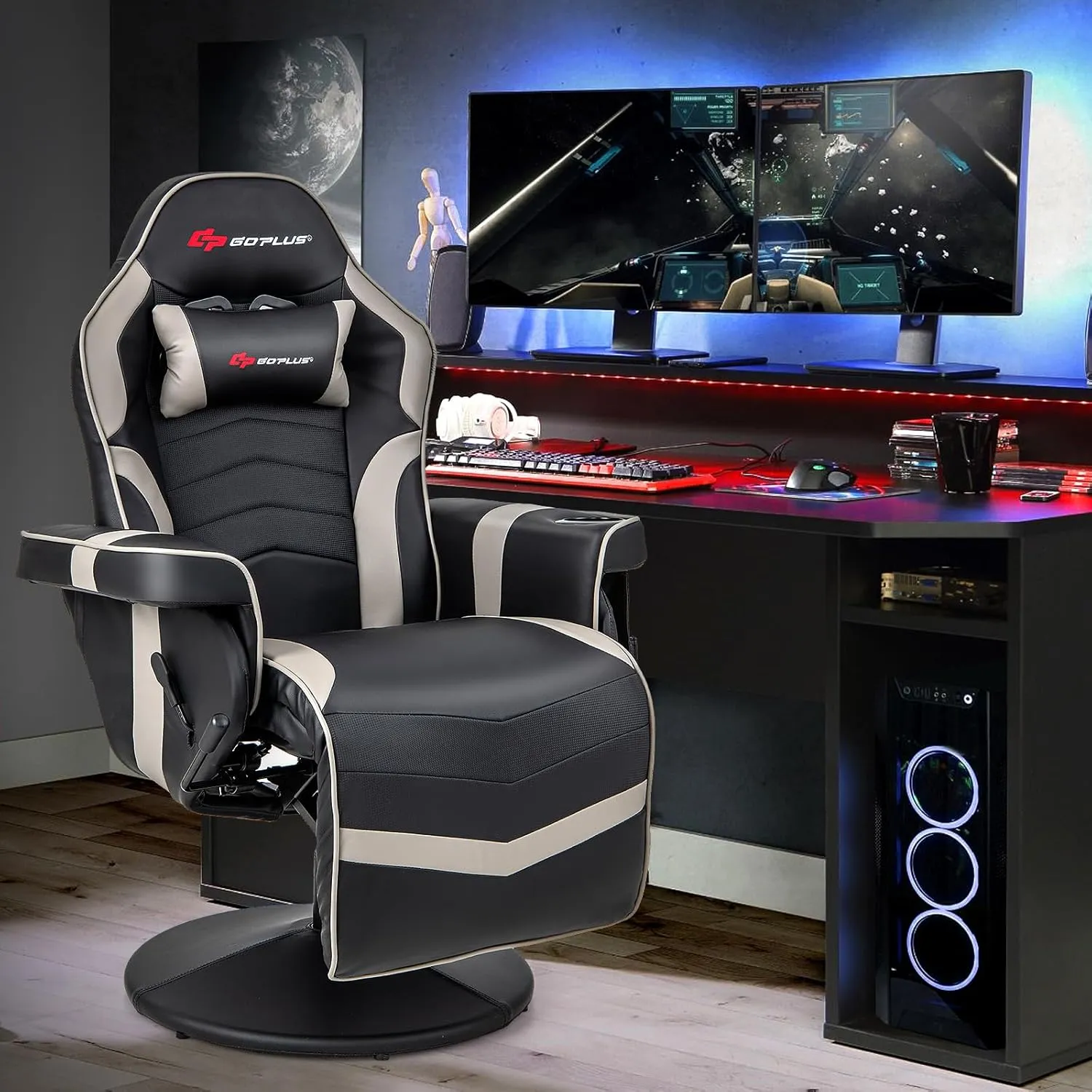 Goplus Gaming Chair, Height Adjustable Massage Video Game Chair with Retractable Footrest, Cup Holder, Headrest, Swivel Office Chair, Racing Style Swivel Gamer Chair