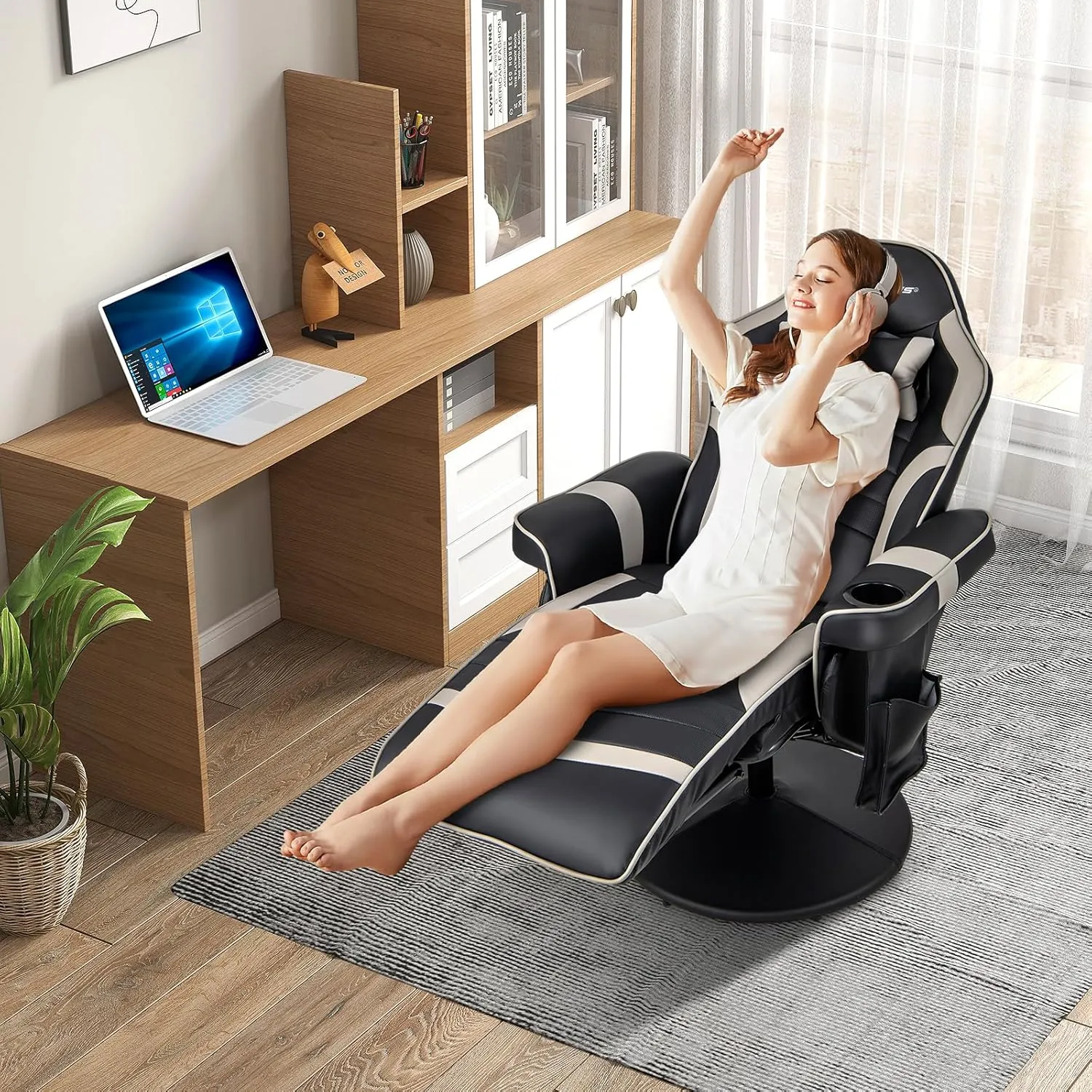 Goplus Gaming Chair, Height Adjustable Massage Video Game Chair with Retractable Footrest, Cup Holder, Headrest, Swivel Office Chair, Racing Style Swivel Gamer Chair