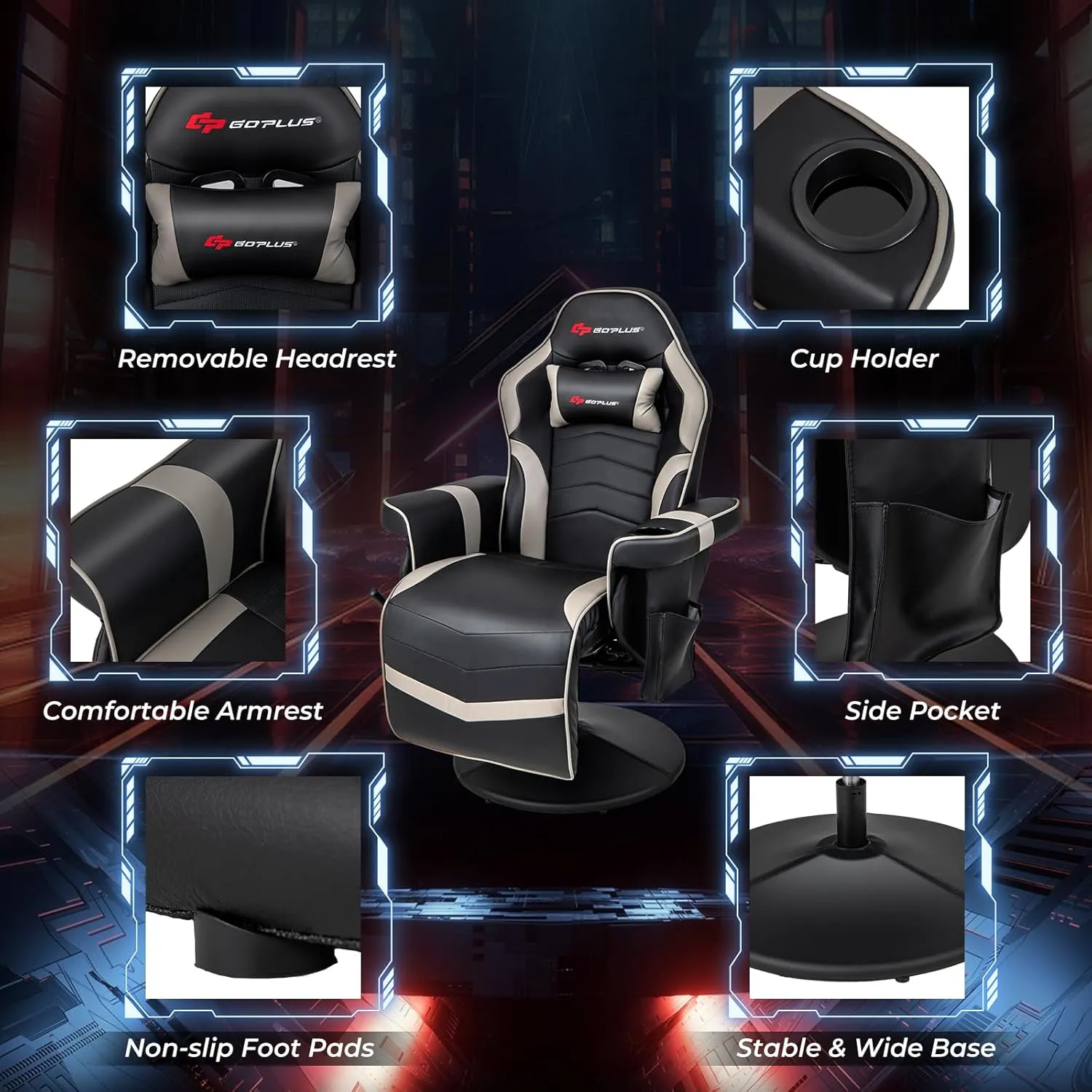 Goplus Gaming Chair, Height Adjustable Massage Video Game Chair with Retractable Footrest, Cup Holder, Headrest, Swivel Office Chair, Racing Style Swivel Gamer Chair