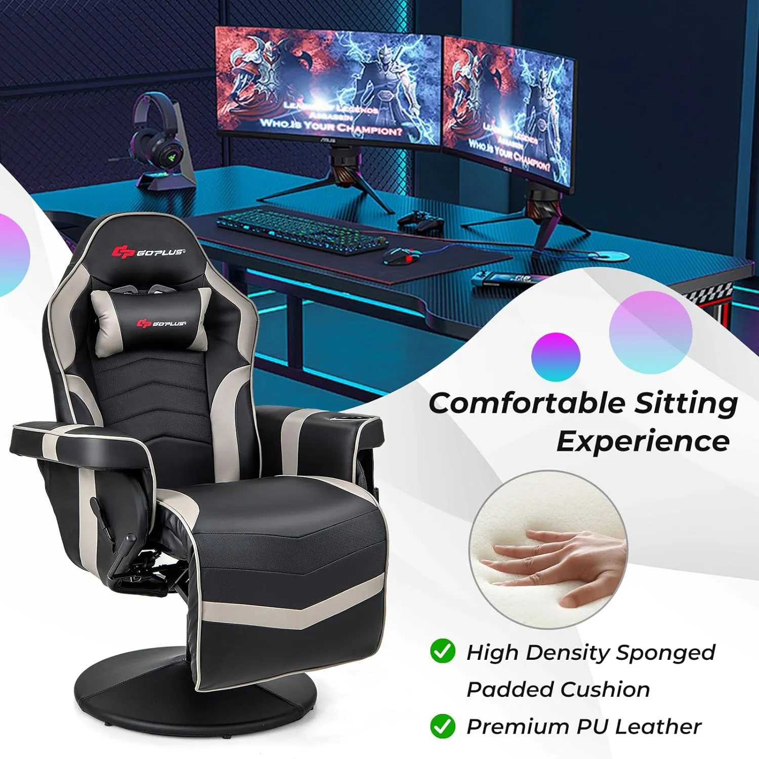 Goplus Gaming Chair, Height Adjustable Massage Video Game Chair with Retractable Footrest, Cup Holder, Headrest, Swivel Office Chair, Racing Style Swivel Gamer Chair