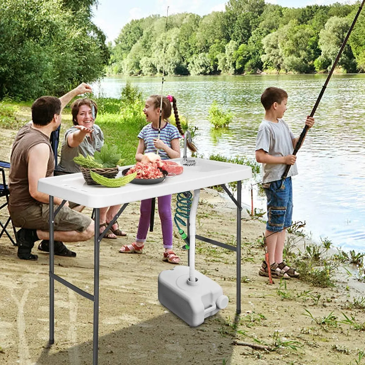 Goplus Portable Fish Cleaning Table with Sink, Folding Outdoor Camping Sink Station with Hose Hook Up, Heavy Duty Fillet Table with Faucet for Dock Beach Patio Picnic