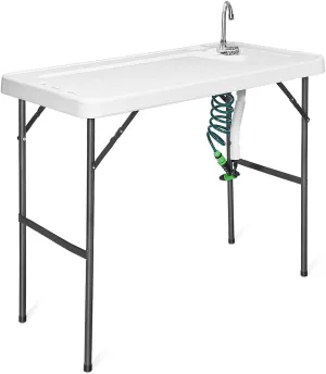 Goplus Portable Fish Cleaning Table with Sink, Folding Outdoor Camping Sink Station with Hose Hook Up, Heavy Duty Fillet Table with Faucet for Dock Beach Patio Picnic