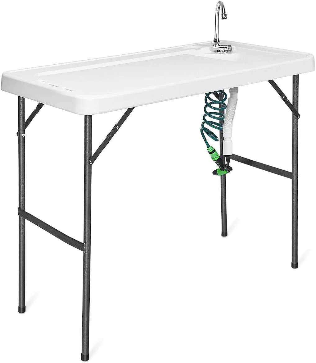 Goplus Portable Fish Cleaning Table with Sink, Folding Outdoor Camping Sink Station with Hose Hook Up, Heavy Duty Fillet Table with Faucet for Dock Beach Patio Picnic