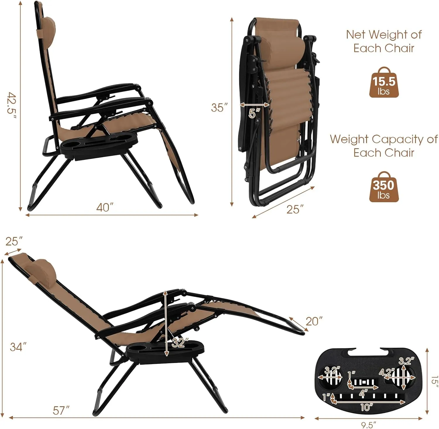 Goplus Zero Gravity Lounge Chairs, 160°Adjustable Folding Recliner w/Pillow and Cup Holder, 350LBS Comfy Outdoor Lounge Chairs for Patio, Lawn, Yard & Camp(Set of 2, Beige)