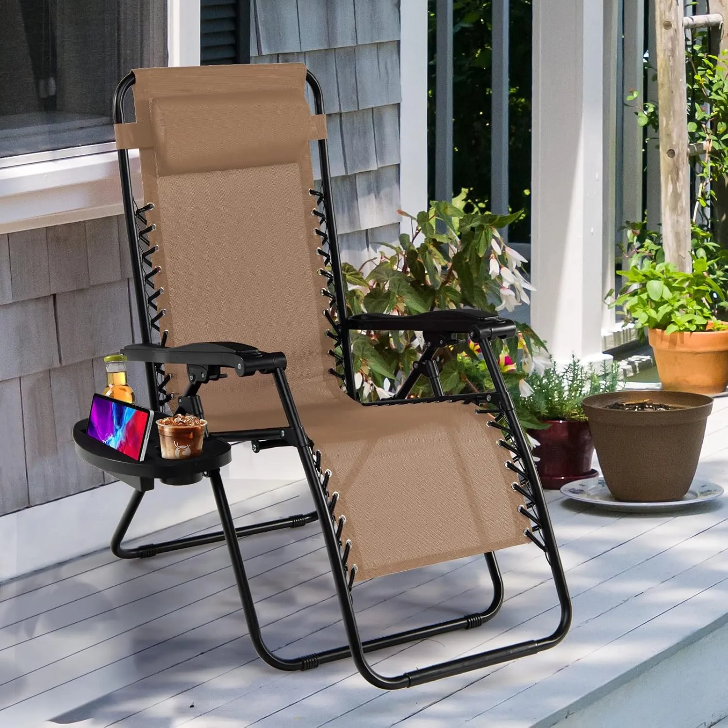 Goplus Zero Gravity Lounge Chairs, 160°Adjustable Folding Recliner w/Pillow and Cup Holder, 350LBS Comfy Outdoor Lounge Chairs for Patio, Lawn, Yard & Camp(Set of 2, Beige)