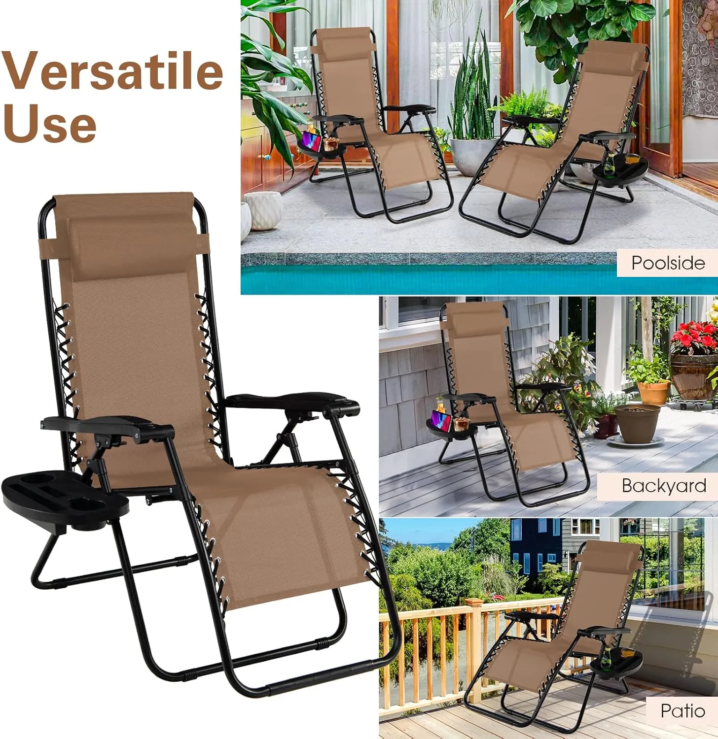 Goplus Zero Gravity Lounge Chairs, 160°Adjustable Folding Recliner w/Pillow and Cup Holder, 350LBS Comfy Outdoor Lounge Chairs for Patio, Lawn, Yard & Camp(Set of 2, Beige)