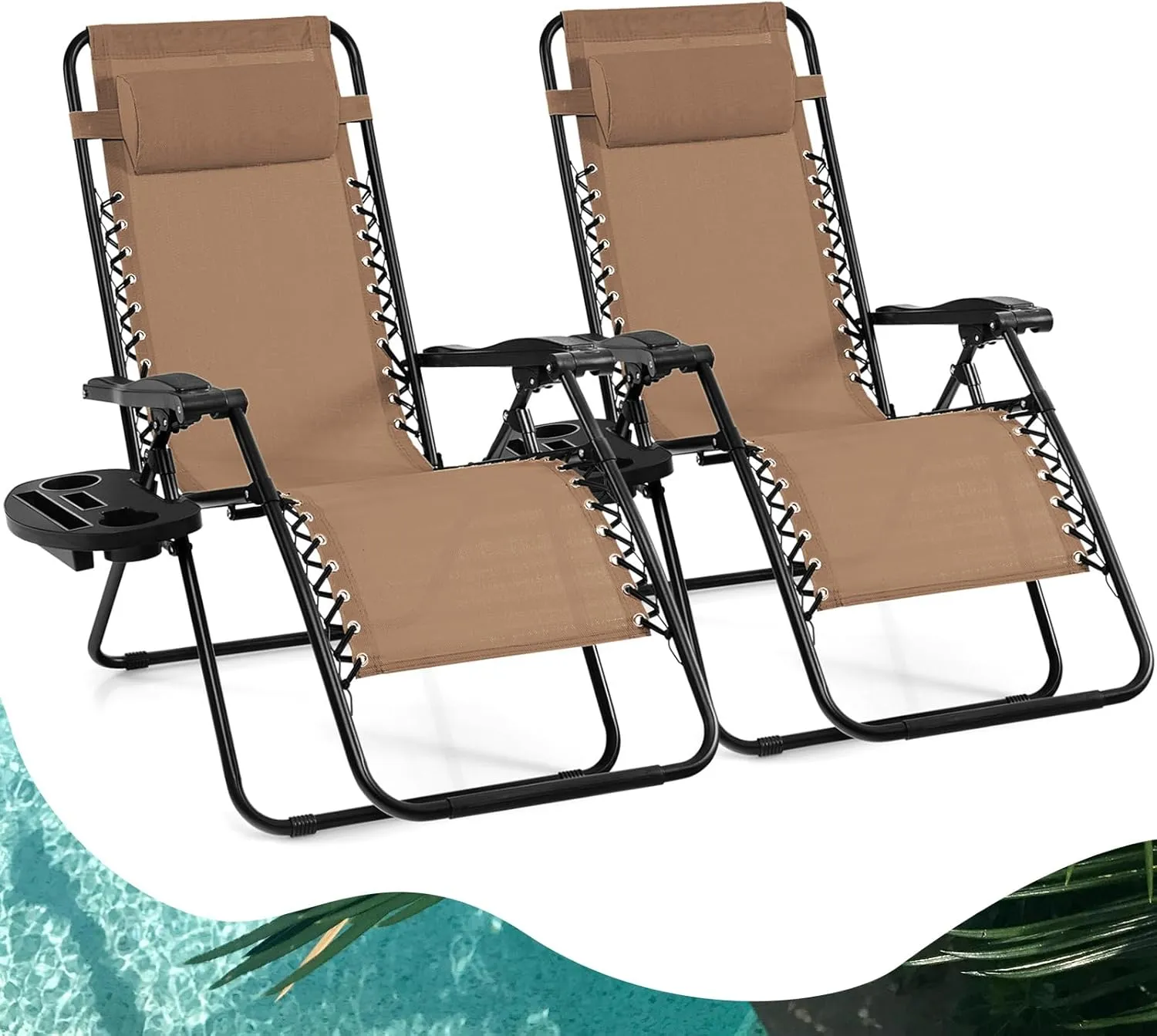 Goplus Zero Gravity Lounge Chairs, 160°Adjustable Folding Recliner w/Pillow and Cup Holder, 350LBS Comfy Outdoor Lounge Chairs for Patio, Lawn, Yard & Camp(Set of 2, Beige)