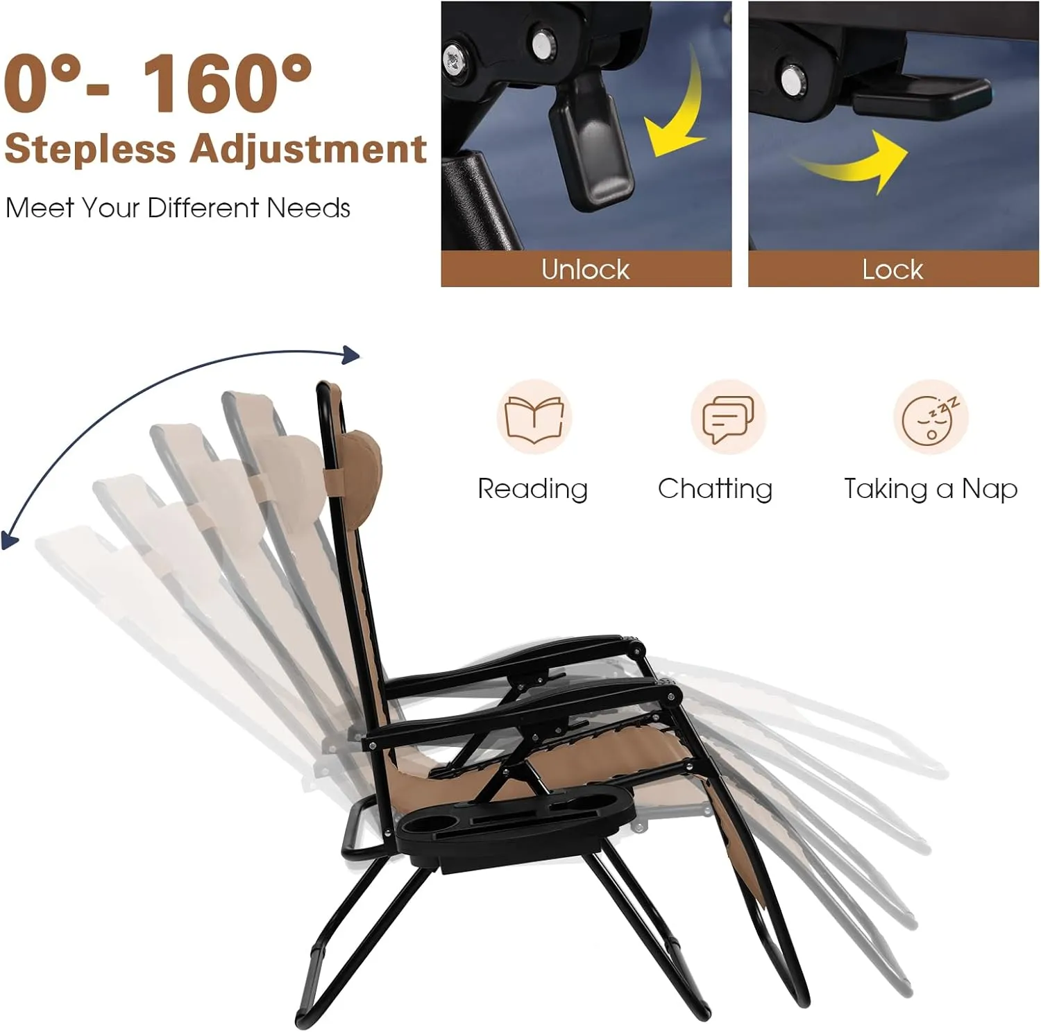 Goplus Zero Gravity Lounge Chairs, 160°Adjustable Folding Recliner w/Pillow and Cup Holder, 350LBS Comfy Outdoor Lounge Chairs for Patio, Lawn, Yard & Camp(Set of 2, Beige)