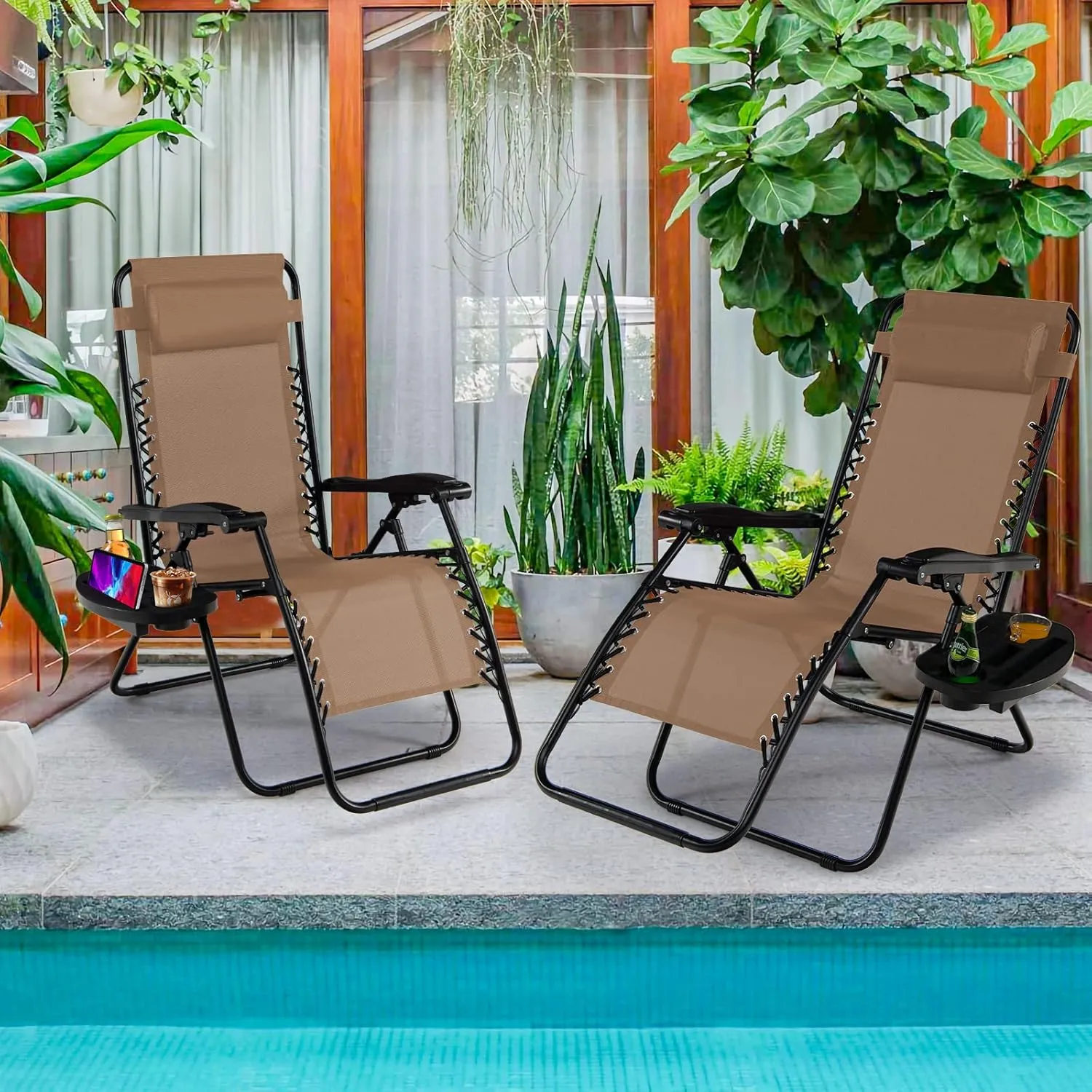 Goplus Zero Gravity Lounge Chairs, 160°Adjustable Folding Recliner w/Pillow and Cup Holder, 350LBS Comfy Outdoor Lounge Chairs for Patio, Lawn, Yard & Camp(Set of 2, Beige)