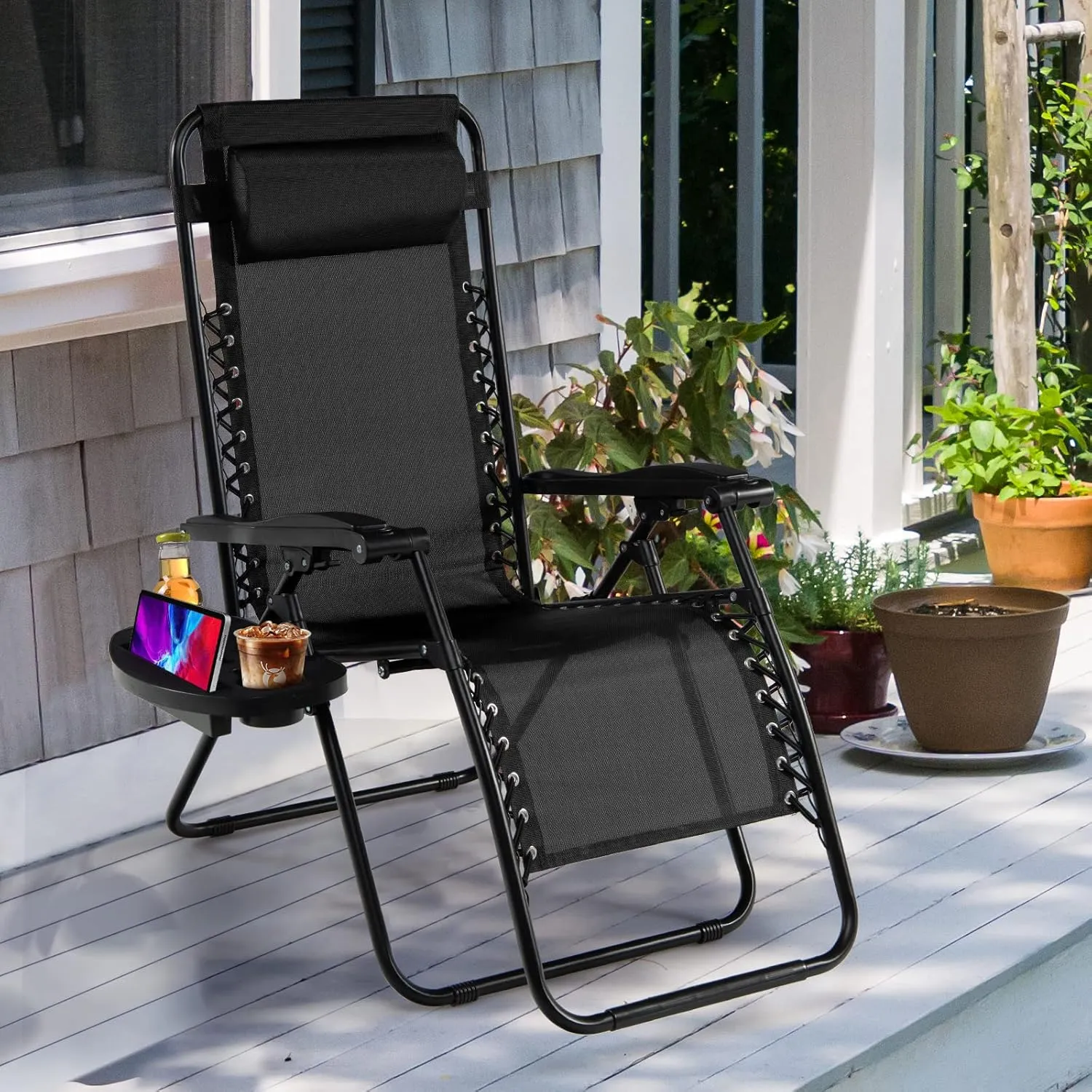 Goplus Zero Gravity Lounge Chairs, 160°Adjustable Folding Recliner w/Pillow and Cup Holder, 350LBS Comfy Outdoor Lounge Chairs for Patio, Lawn, Yard & Camp(Set of 2, Black)
