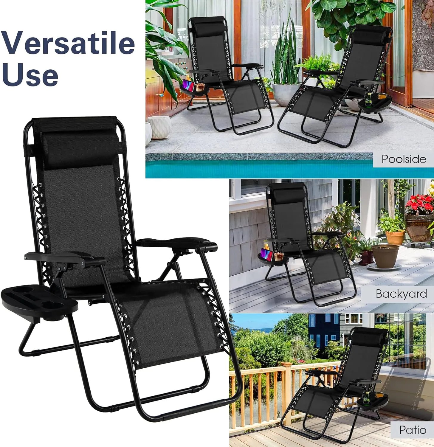 Goplus Zero Gravity Lounge Chairs, 160°Adjustable Folding Recliner w/Pillow and Cup Holder, 350LBS Comfy Outdoor Lounge Chairs for Patio, Lawn, Yard & Camp(Set of 2, Black)