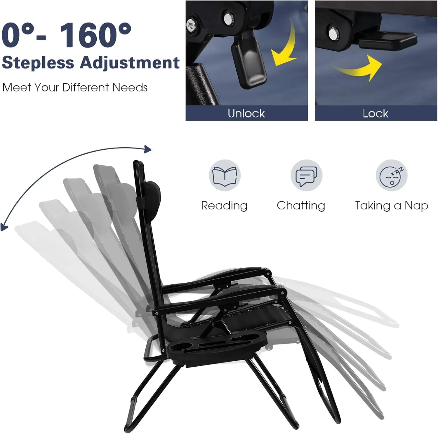 Goplus Zero Gravity Lounge Chairs, 160°Adjustable Folding Recliner w/Pillow and Cup Holder, 350LBS Comfy Outdoor Lounge Chairs for Patio, Lawn, Yard & Camp(Set of 2, Black)
