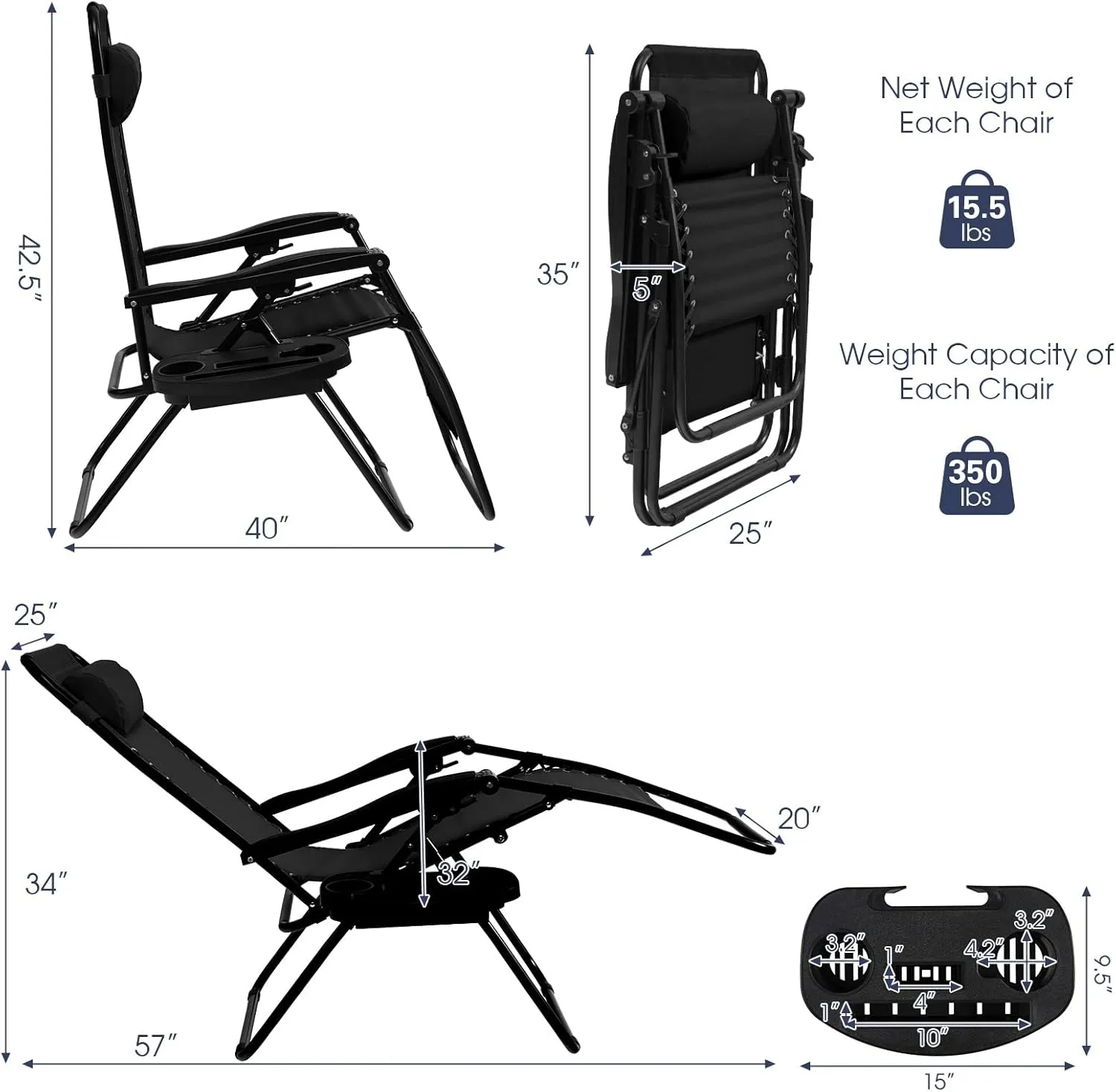 Goplus Zero Gravity Lounge Chairs, 160°Adjustable Folding Recliner w/Pillow and Cup Holder, 350LBS Comfy Outdoor Lounge Chairs for Patio, Lawn, Yard & Camp(Set of 2, Black)