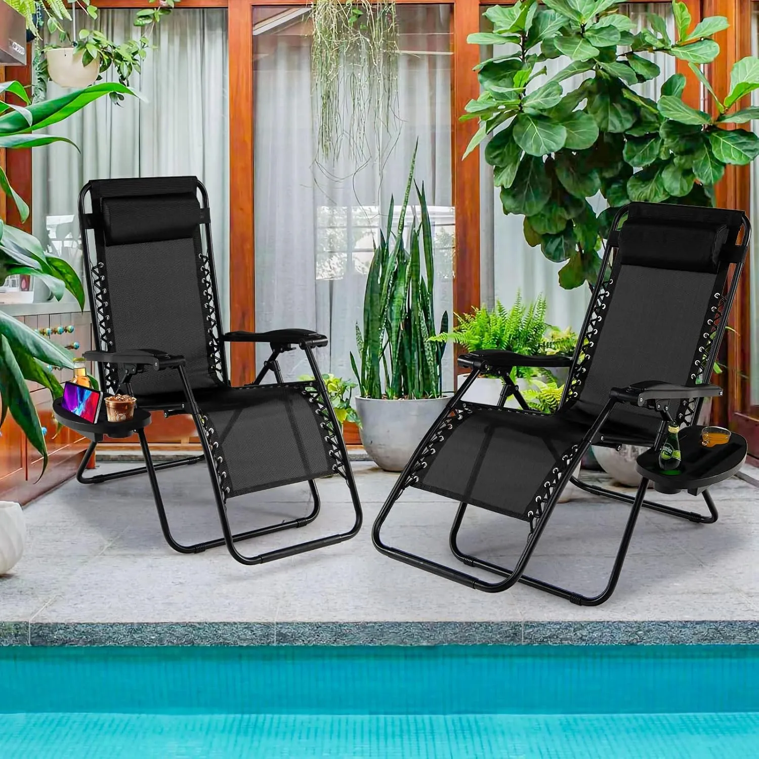 Goplus Zero Gravity Lounge Chairs, 160°Adjustable Folding Recliner w/Pillow and Cup Holder, 350LBS Comfy Outdoor Lounge Chairs for Patio, Lawn, Yard & Camp(Set of 2, Black)