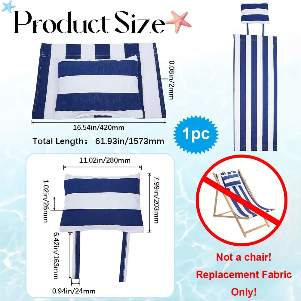 GORGECRAFT Beach Sling Chair Canvas Cloth with Pillow 44x17 Blue and White Stripes Casual Lounge Chair Replacement Canvas Outdoor Folding Chair Fabric for Patio Beach Sunbathing Garden Courtyard
