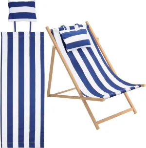 GORGECRAFT Beach Sling Chair Canvas Cloth with Pillow 44x17 Blue and White Stripes Casual Lounge Chair Replacement Canvas Outdoor Folding Chair Fabric for Patio Beach Sunbathing Garden Courtyard