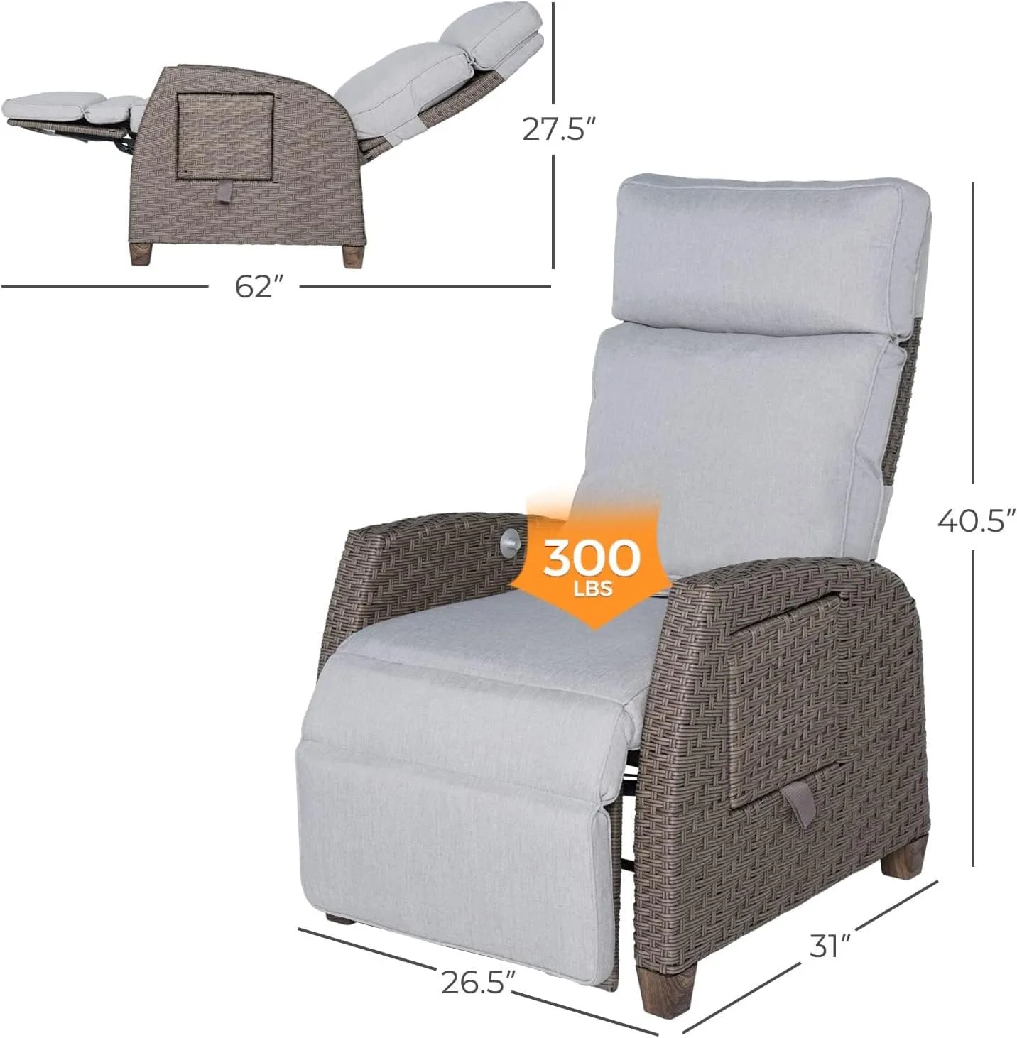 Grand patio Outdoor Reclining Chairs with Extended Footrest 2-Piece Adjustable Patio Wicker,Lounge Recliner up to 150° with Flip Side Table - Mist Grey