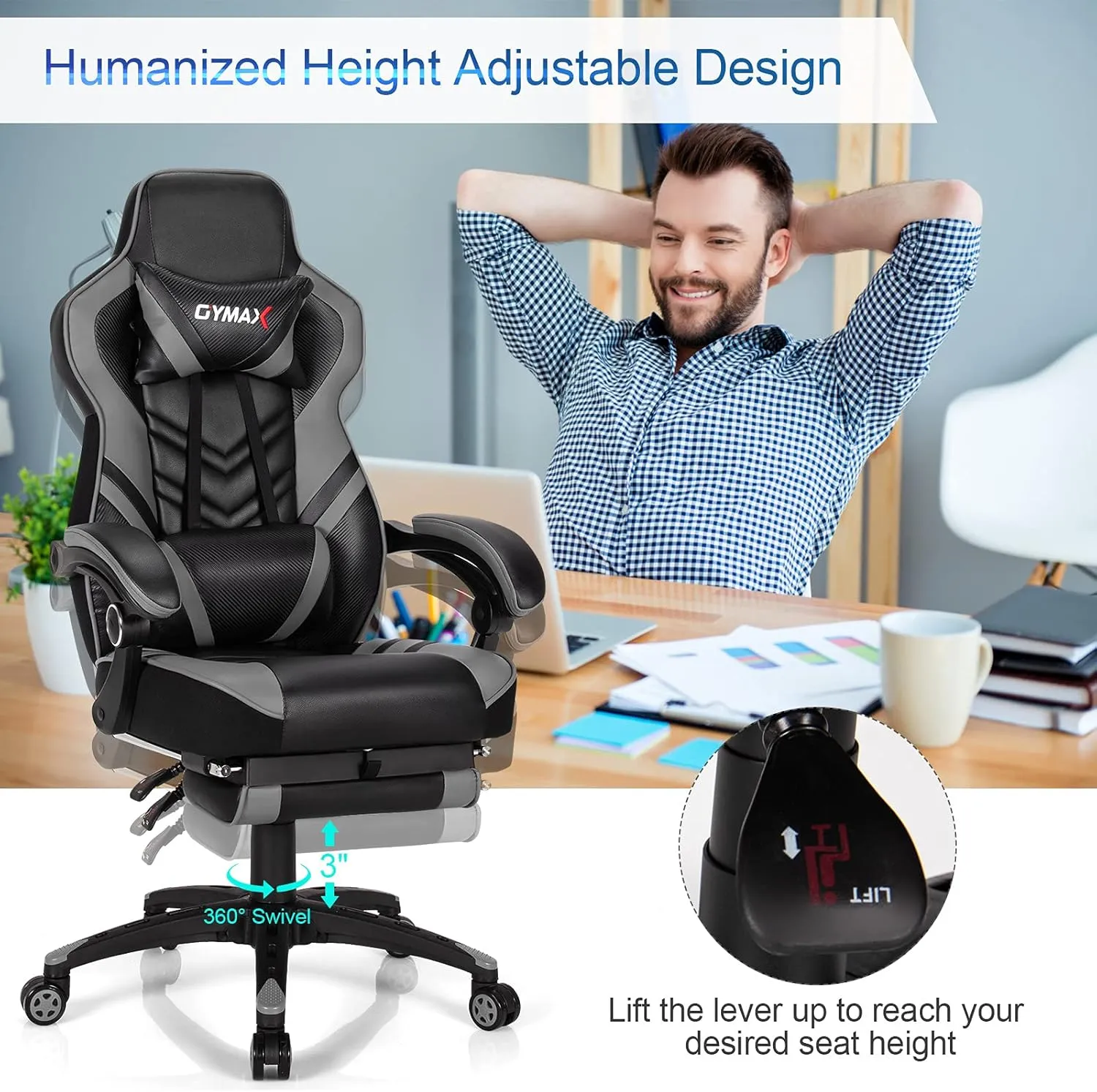 Gray Gaming Chair Ergonomic Computer Chair for Adults Teens Reclining Gamer Chair High Back Game Chair Racing Style Desk Chair with Retractable Footrest, Lumbar Support and Headrest