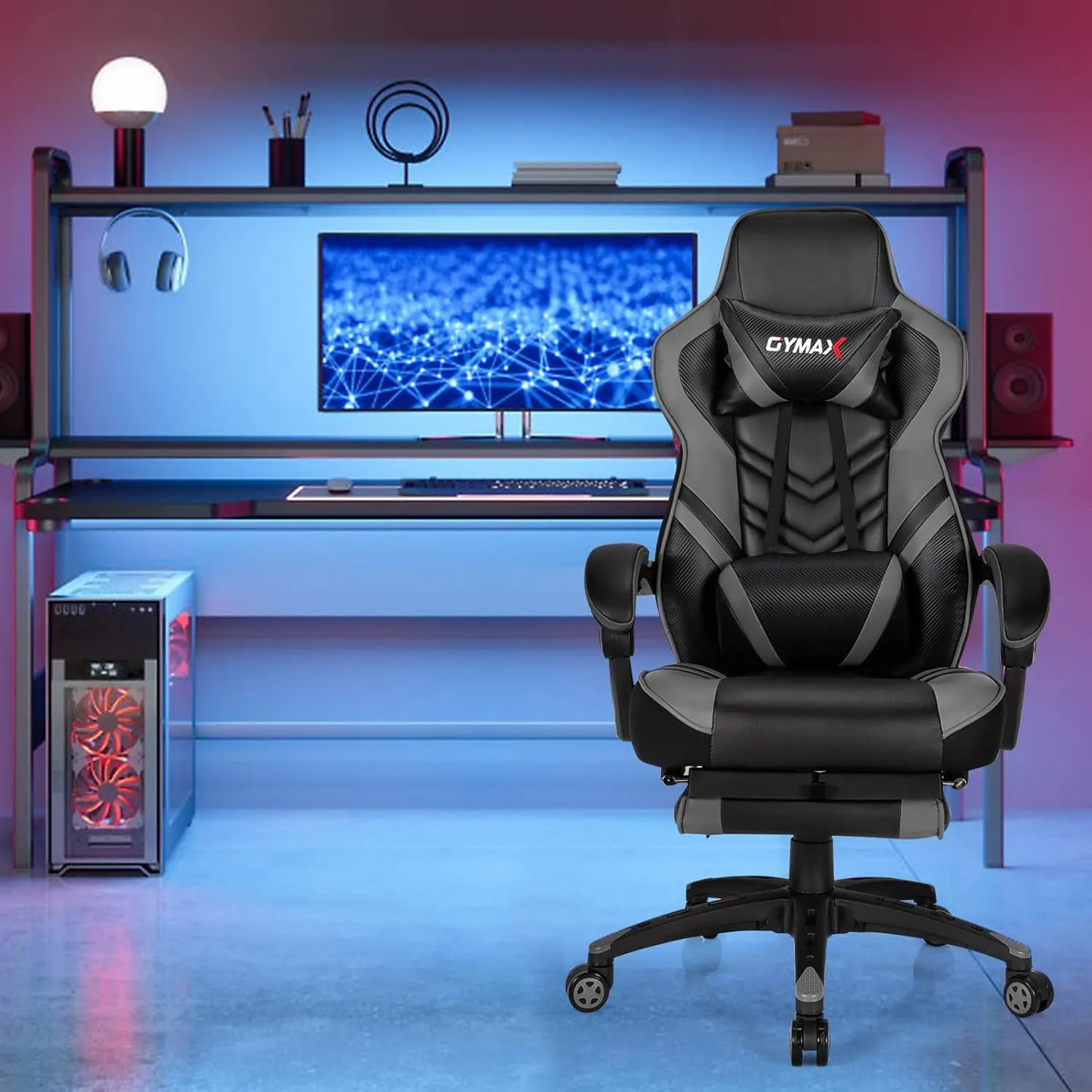 Gray Gaming Chair Ergonomic Computer Chair for Adults Teens Reclining Gamer Chair High Back Game Chair Racing Style Desk Chair with Retractable Footrest, Lumbar Support and Headrest