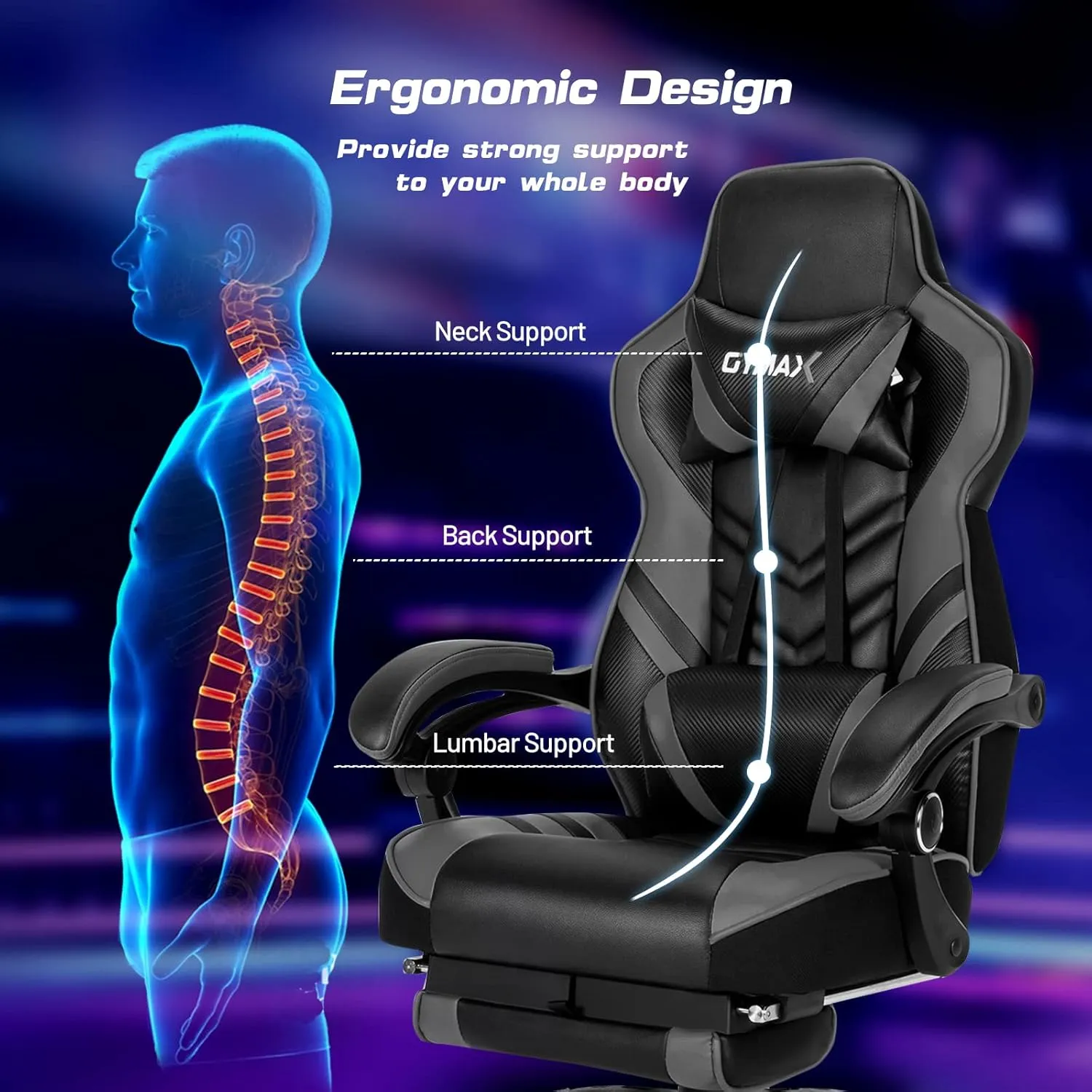 Gray Gaming Chair Ergonomic Computer Chair for Adults Teens Reclining Gamer Chair High Back Game Chair Racing Style Desk Chair with Retractable Footrest, Lumbar Support and Headrest