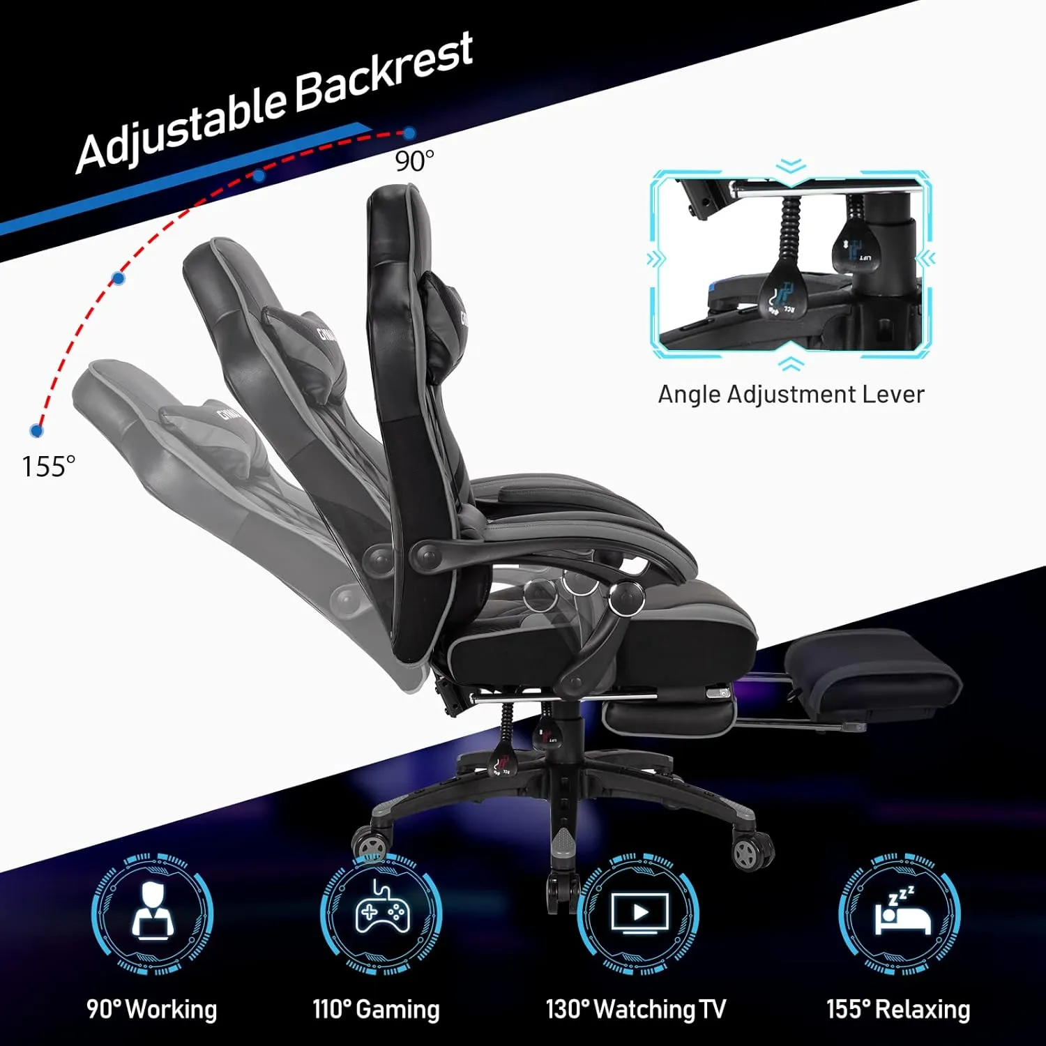 Gray Gaming Chair Ergonomic Computer Chair for Adults Teens Reclining Gamer Chair High Back Game Chair Racing Style Desk Chair with Retractable Footrest, Lumbar Support and Headrest