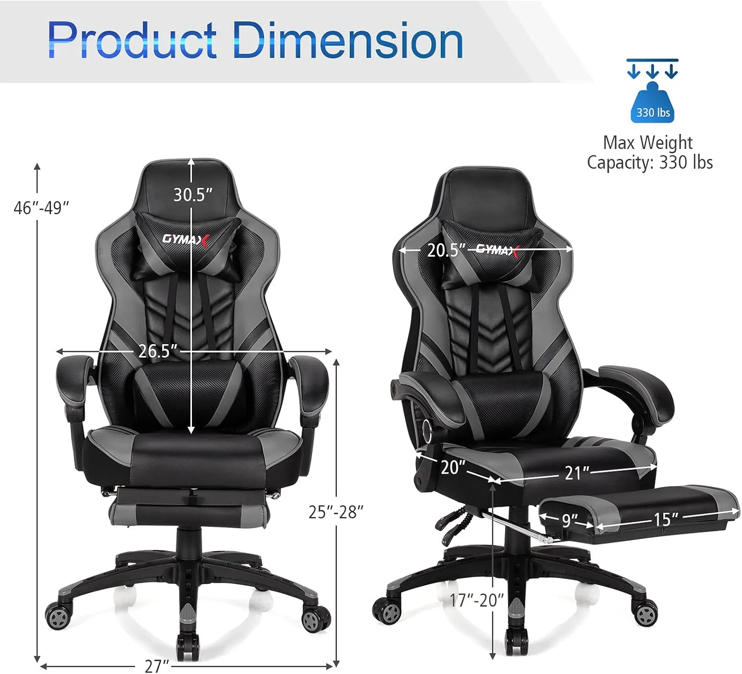Gray Gaming Chair Ergonomic Computer Chair for Adults Teens Reclining Gamer Chair High Back Game Chair Racing Style Desk Chair with Retractable Footrest, Lumbar Support and Headrest