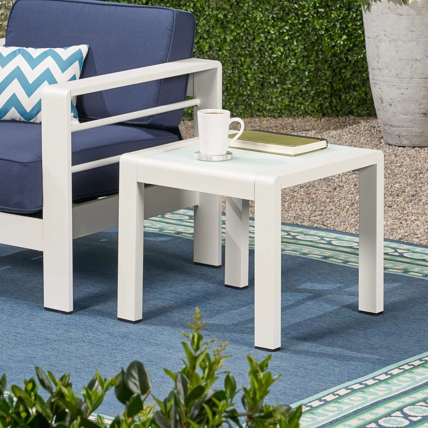 Great Deal Furniture Giovanna Coral Outdoor Aluminum Side Table with Glass Top, Matte White and White Finish (309104)