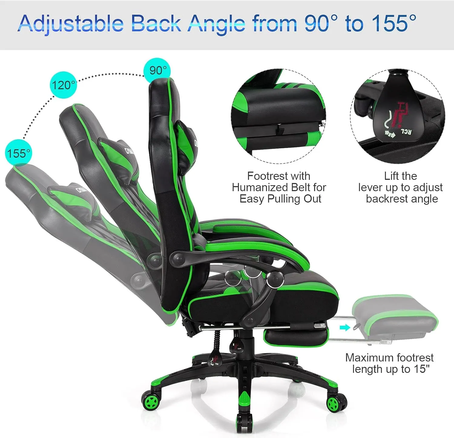 Green Gaming Chair Ergonomic Computer Chair for Adults Teens Reclining Gamer Chair High Back Game Chair Racing Style Desk Chair with Retractable Footrest, Lumbar Support and Headrest