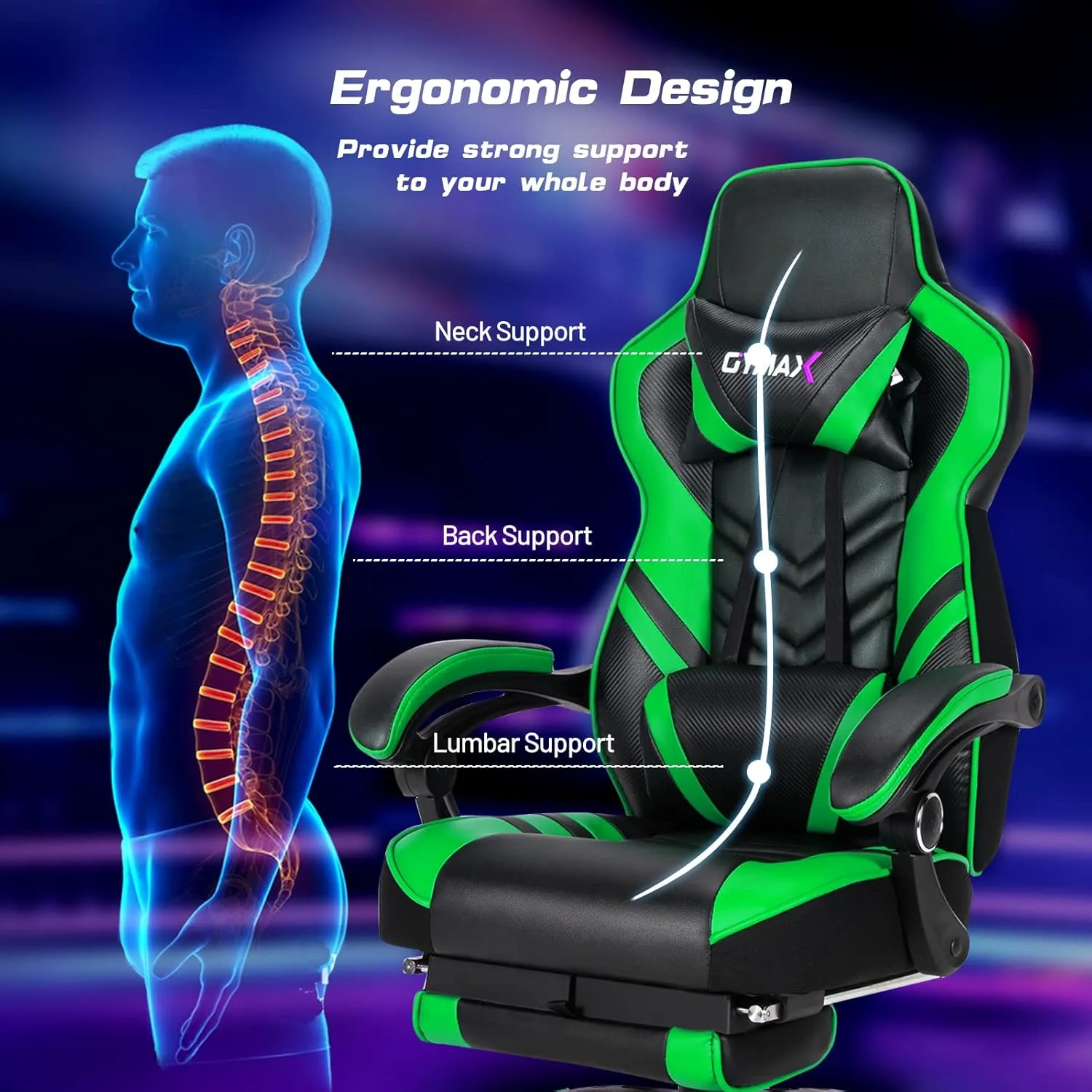 Green Gaming Chair Ergonomic Computer Chair for Adults Teens Reclining Gamer Chair High Back Game Chair Racing Style Desk Chair with Retractable Footrest, Lumbar Support and Headrest
