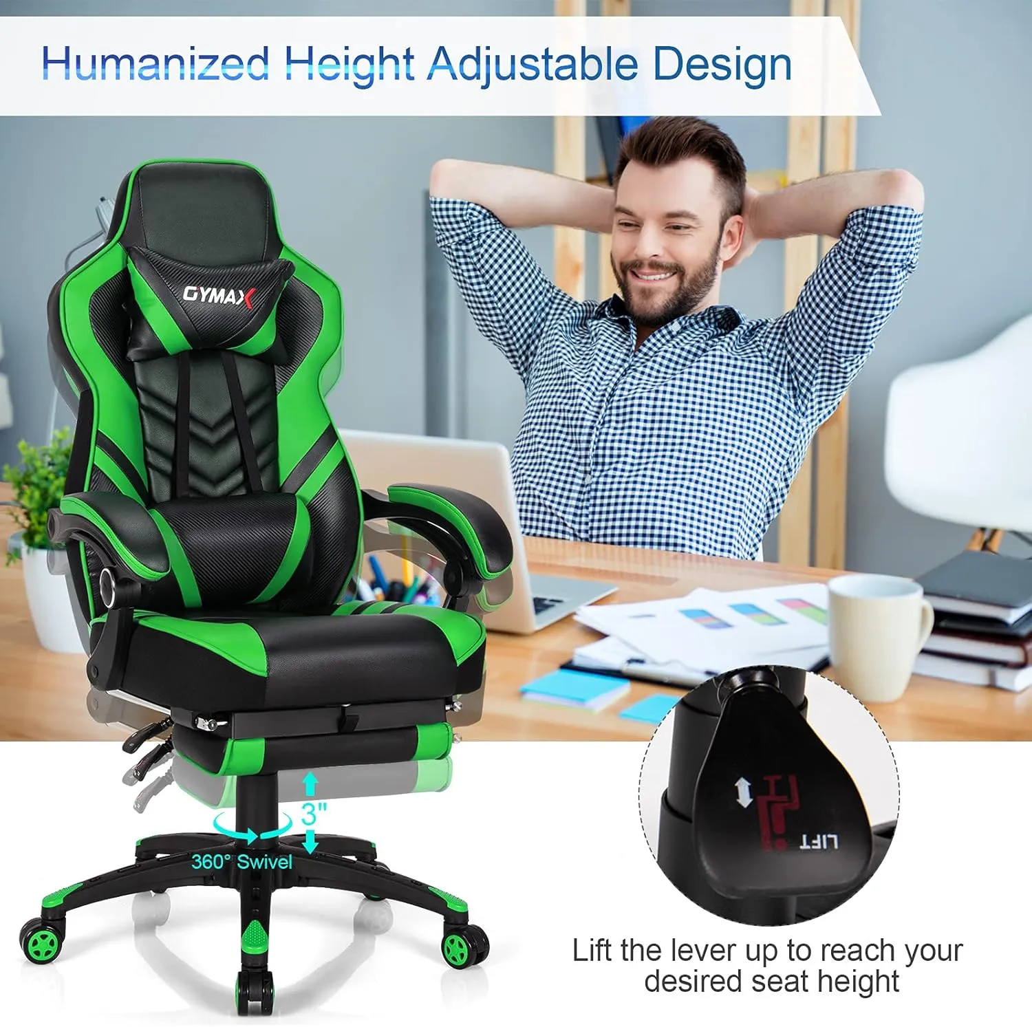 Green Gaming Chair Ergonomic Computer Chair for Adults Teens Reclining Gamer Chair High Back Game Chair Racing Style Desk Chair with Retractable Footrest, Lumbar Support and Headrest