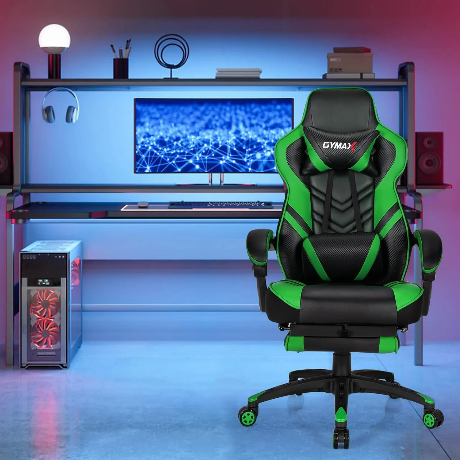 Green Gaming Chair Ergonomic Computer Chair for Adults Teens Reclining Gamer Chair High Back Game Chair Racing Style Desk Chair with Retractable Footrest, Lumbar Support and Headrest