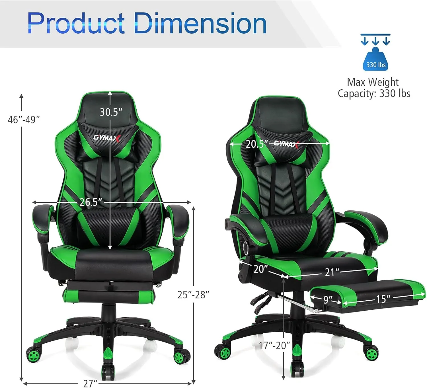 Green Gaming Chair Ergonomic Computer Chair for Adults Teens Reclining Gamer Chair High Back Game Chair Racing Style Desk Chair with Retractable Footrest, Lumbar Support and Headrest