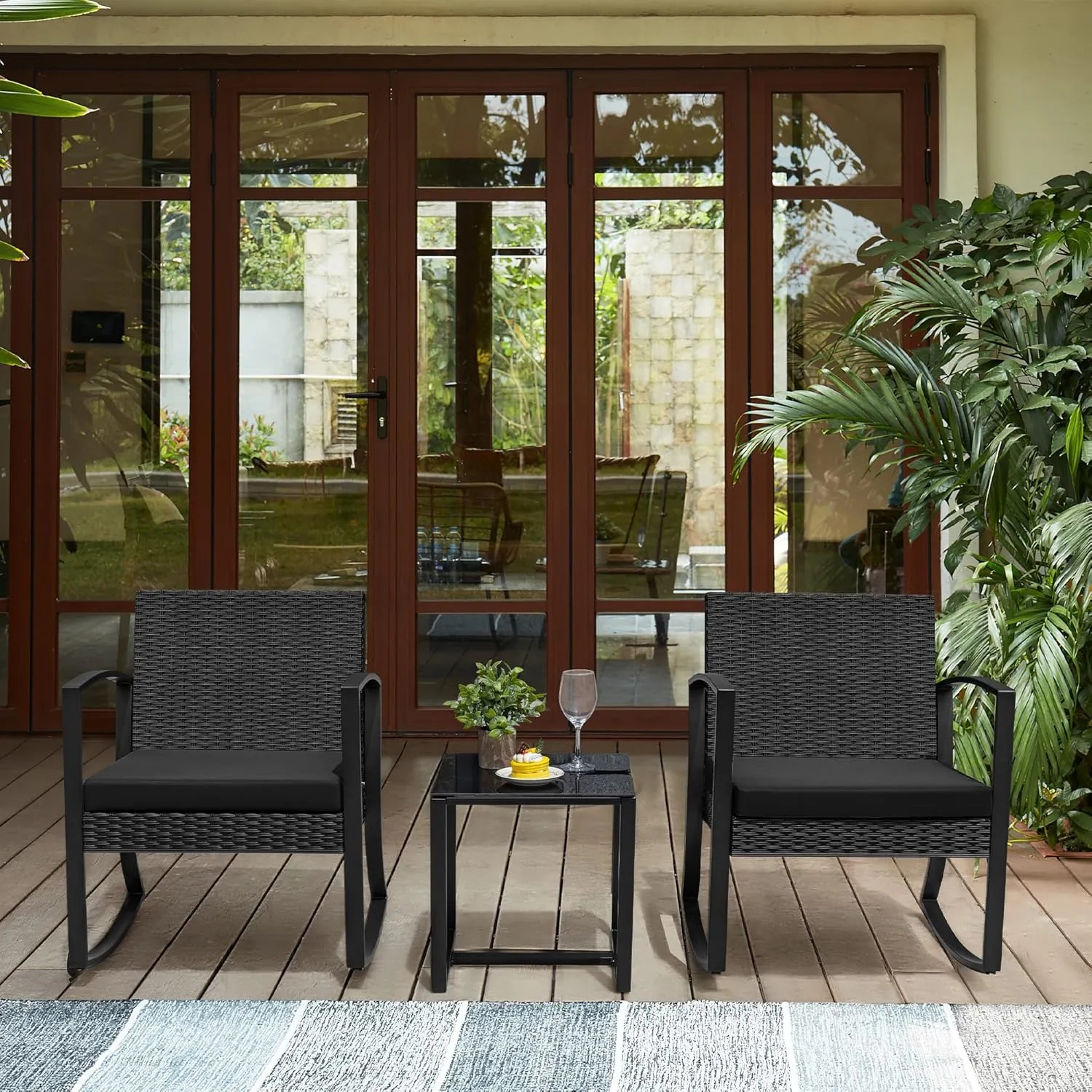 Greesum 3 Piece Patio Furniture Set, All-Weather Imitation Rattan Conversation Set, Outdoor Rocking Chair Bistro Set with Glass Top Coffee Table for Pool, Deck, Porch, Garden or Balcony, Black