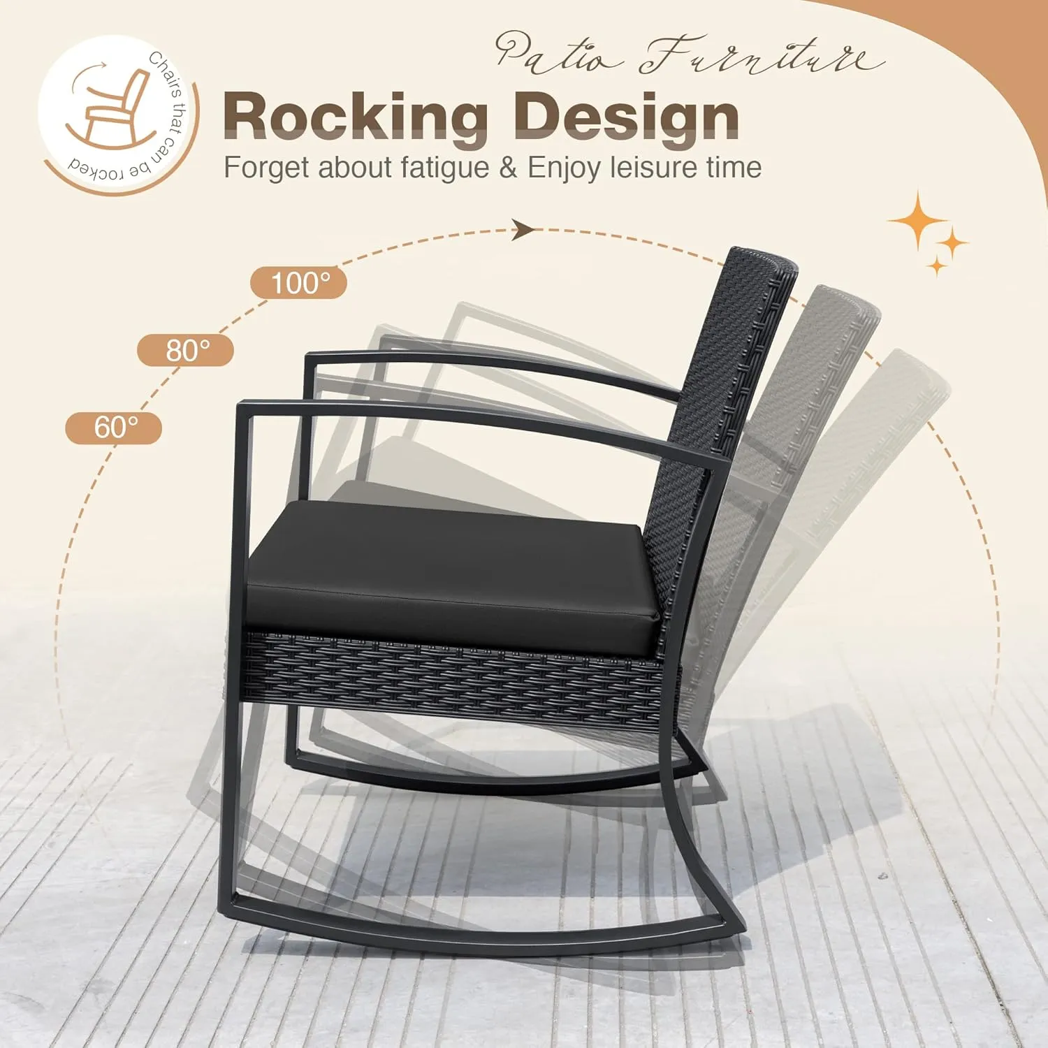 Greesum 3 Piece Patio Furniture Set, All-Weather Imitation Rattan Conversation Set, Outdoor Rocking Chair Bistro Set with Glass Top Coffee Table for Pool, Deck, Porch, Garden or Balcony, Black
