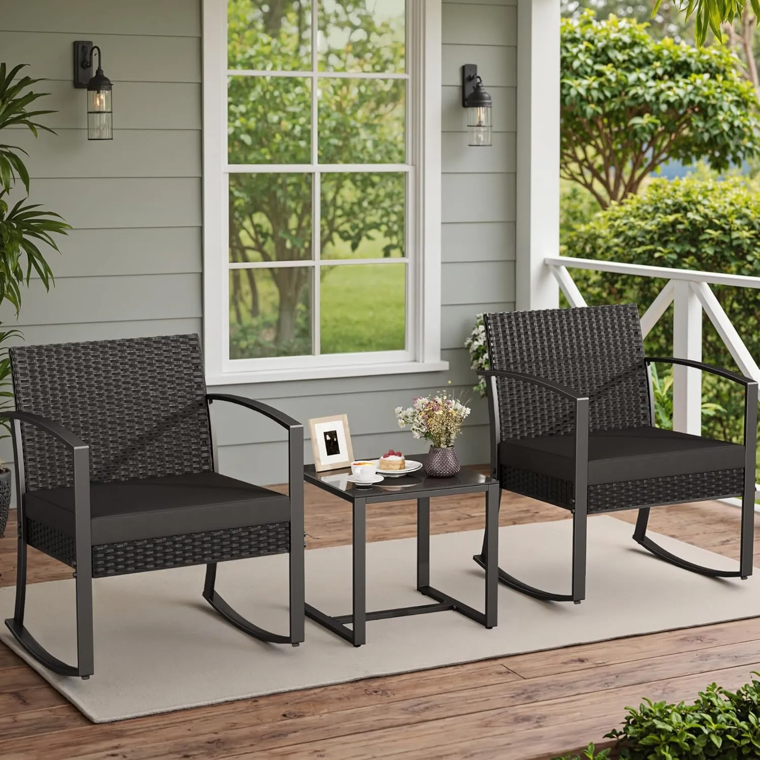 Greesum 3 Piece Patio Furniture Set, All-Weather Imitation Rattan Conversation Set, Outdoor Rocking Chair Bistro Set with Glass Top Coffee Table for Pool, Deck, Porch, Garden or Balcony, Black