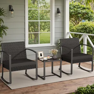 Greesum 3 Piece Patio Furniture Set, All-Weather Imitation Rattan Conversation Set, Outdoor Rocking Chair Bistro Set with Glass Top Coffee Table for Pool, Deck, Porch, Garden or Balcony, Black