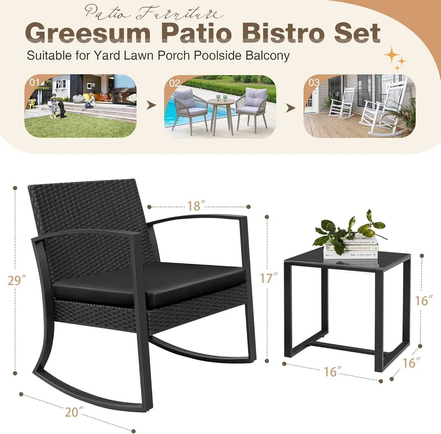 Greesum 3 Piece Patio Furniture Set, All-Weather Imitation Rattan Conversation Set, Outdoor Rocking Chair Bistro Set with Glass Top Coffee Table for Pool, Deck, Porch, Garden or Balcony, Black